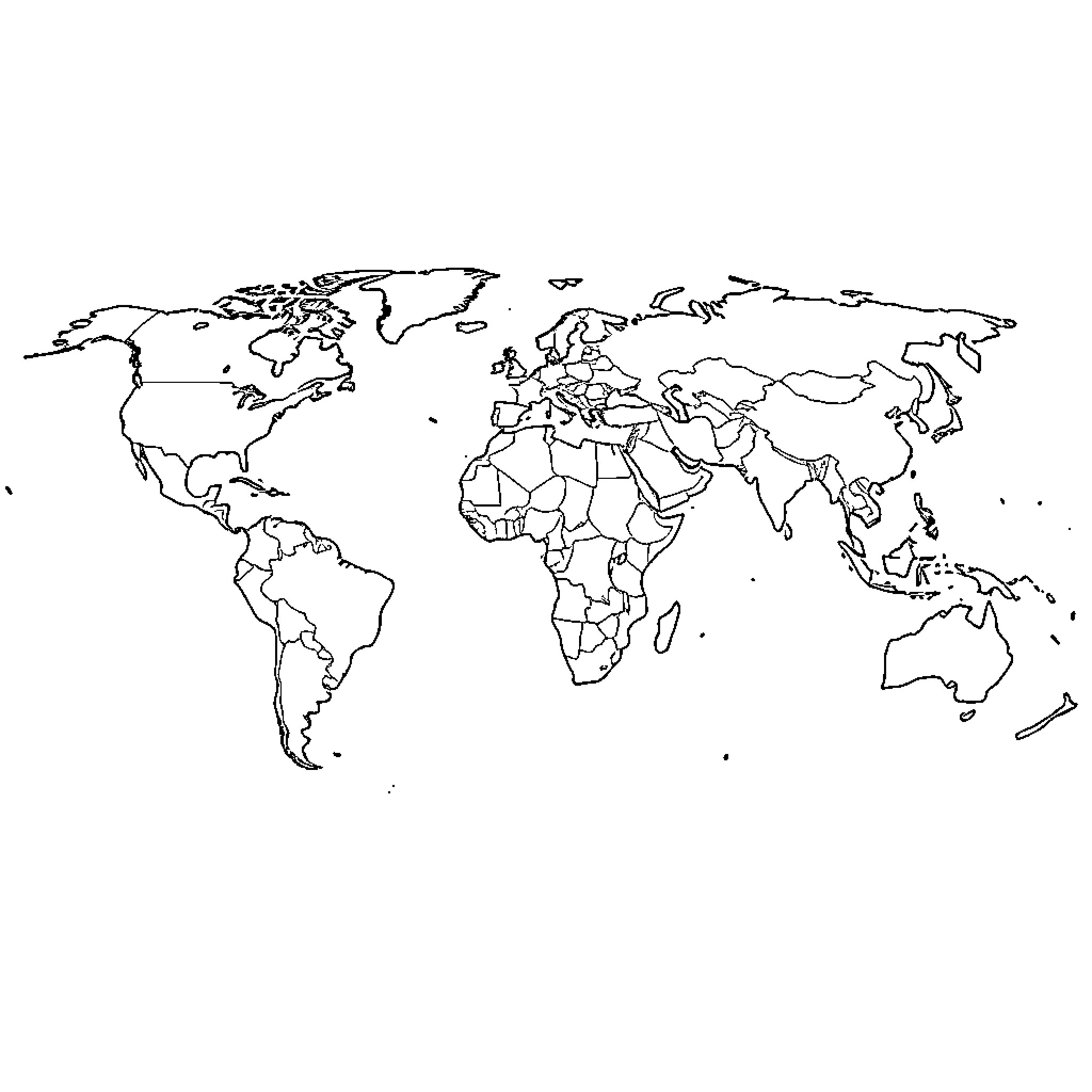 World Map with Outlined Continents and Countries Coloring Page (free black-and-white line drawing printable PDF for all, from beginners to advanced learners, including children, teens, adults, and seniors)