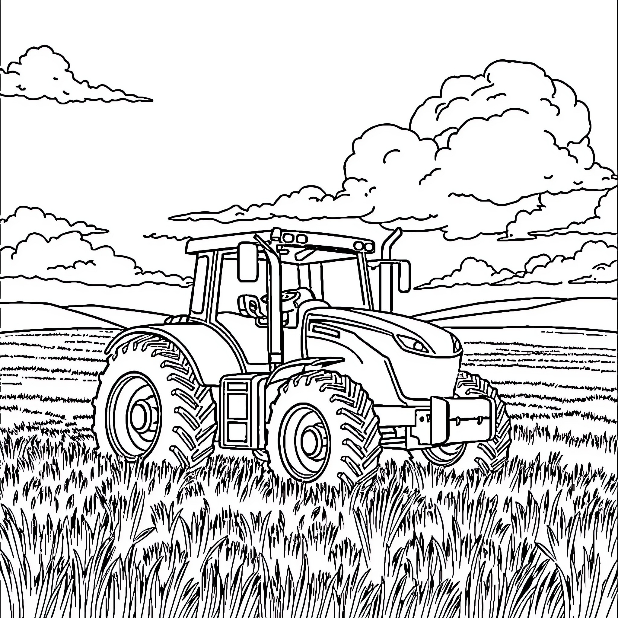 Tractor plowing through vast agricultural field Coloring Page (free black-and-white line drawing printable PDF for all, from beginners to advanced learners, including children, teens, adults, and seniors)
