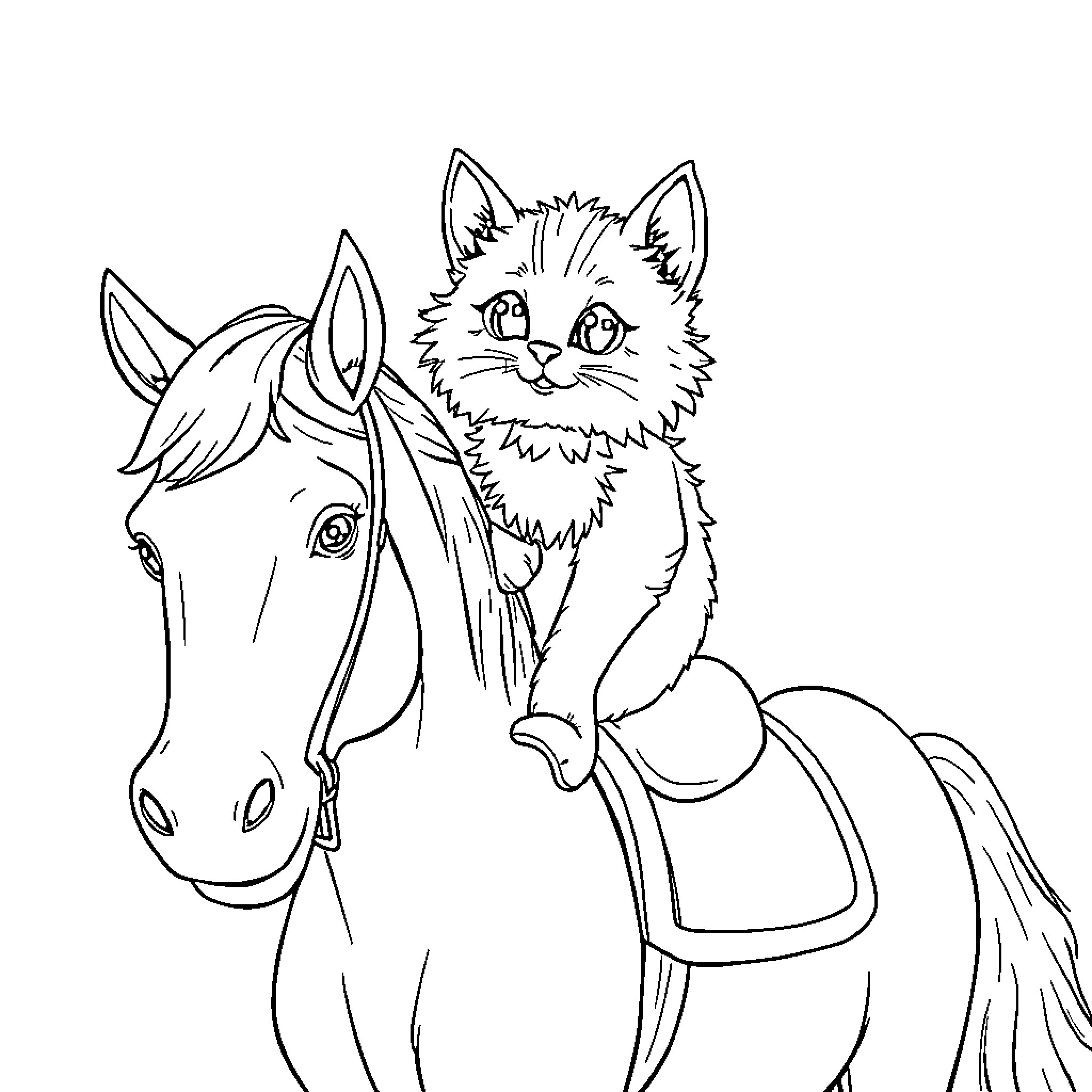 Cat perched on a horse Coloring Page (free black-and-white line drawing printable PDF for all, from beginners to advanced learners, including children, teens, adults, and seniors)