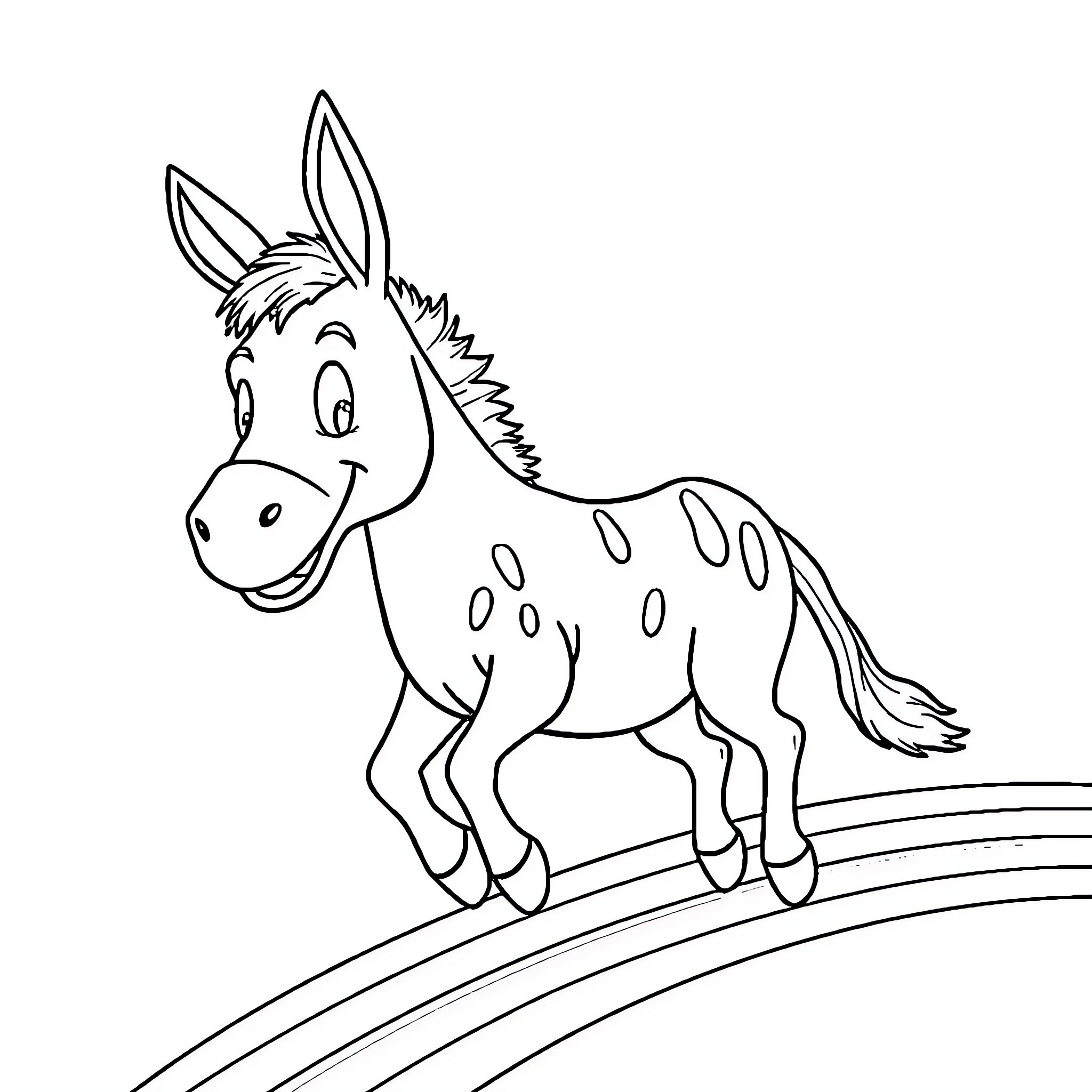 Donkey happily walking on a path Coloring Page (free black-and-white line drawing printable PDF for all, from beginners to advanced learners, including children, teens, adults, and seniors)