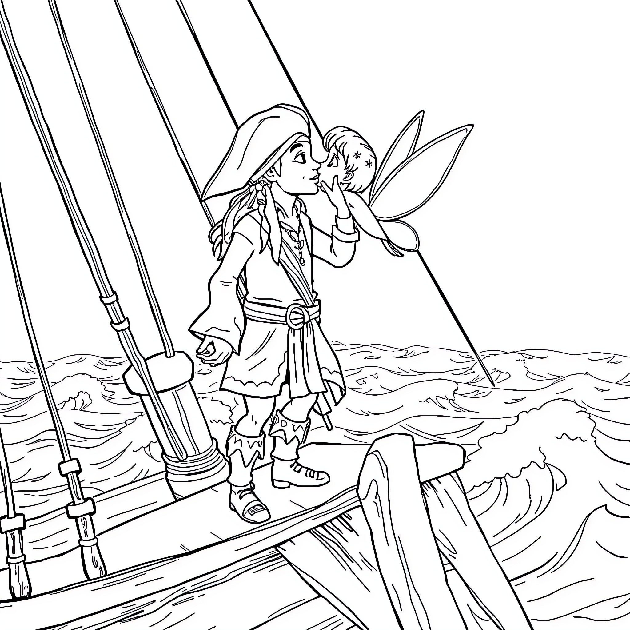 Tinkerbell the Pirate Fairy on a Stormy Sea Coloring Page (free black-and-white line drawing printable PDF for all, from beginners to advanced learners, including children, teens, adults, and seniors)