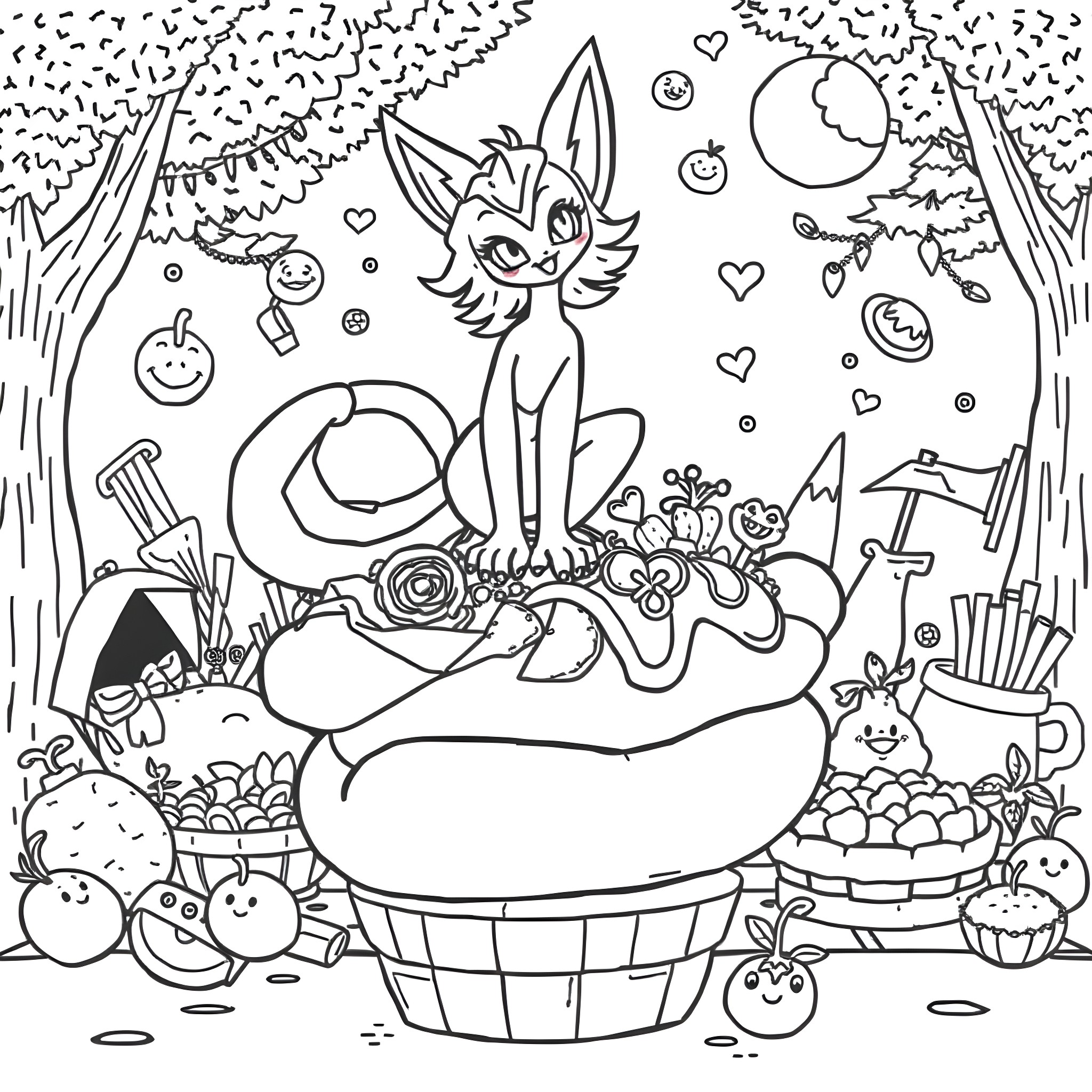 Zeraora exploring a whimsical forest scene Coloring Page (free black-and-white line drawing printable PDF for all, from beginners to advanced learners, including children, teens, adults, and seniors)