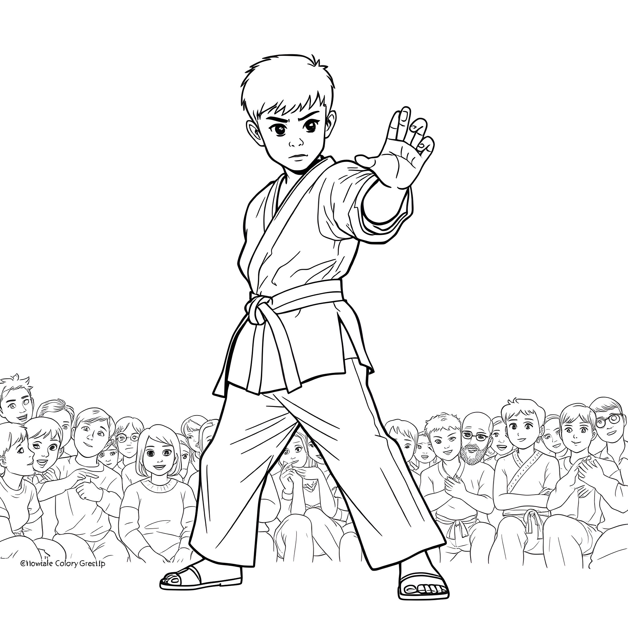 Karate Kid Performing Martial Arts Demonstration Coloring Page (free black-and-white line drawing printable PDF for all, from beginners to advanced learners, including children, teens, adults, and seniors)