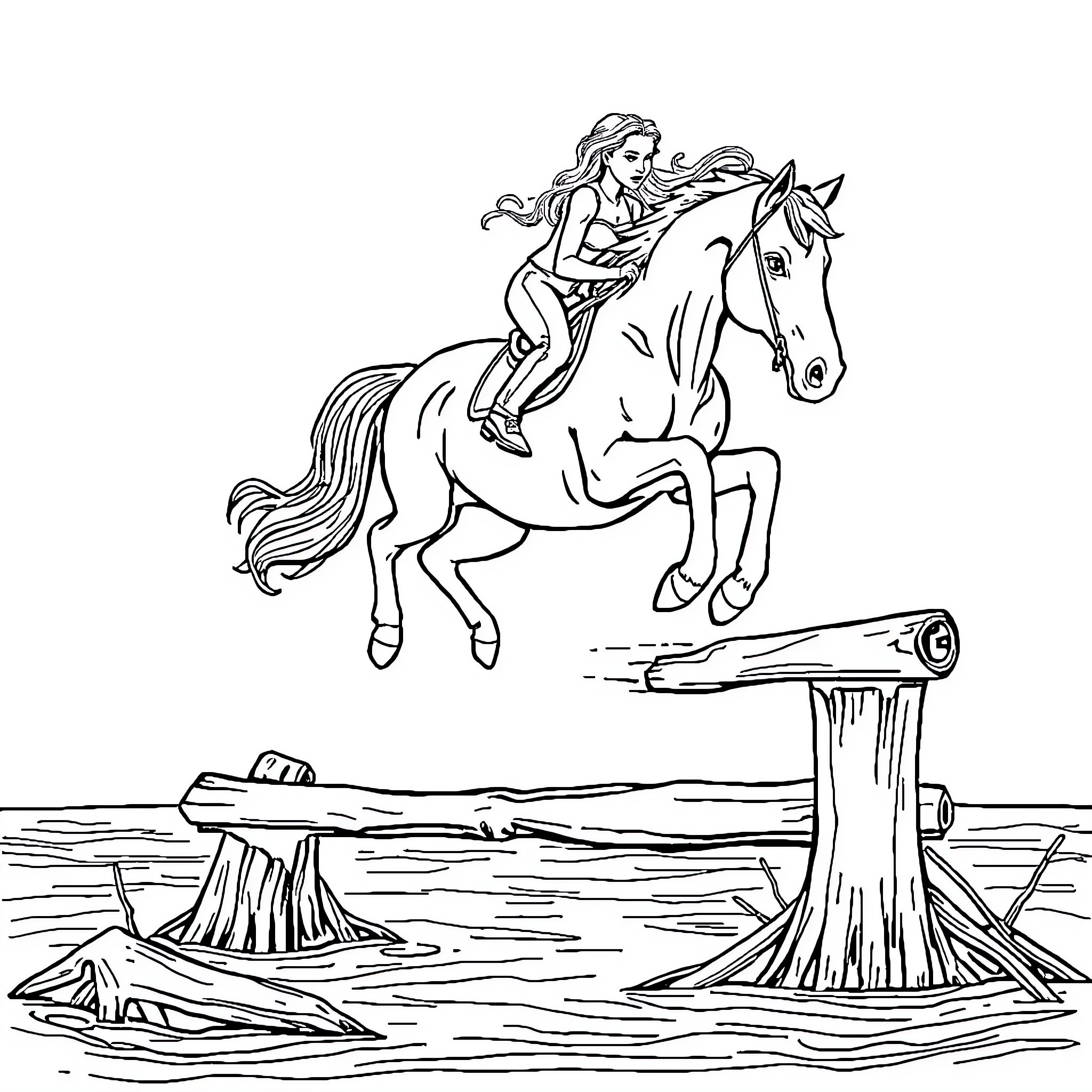 Pony rider jumps over obstacles in the wilderness Coloring Page (free black-and-white line drawing printable PDF for all, from beginners to advanced learners, including children, teens, adults, and seniors)