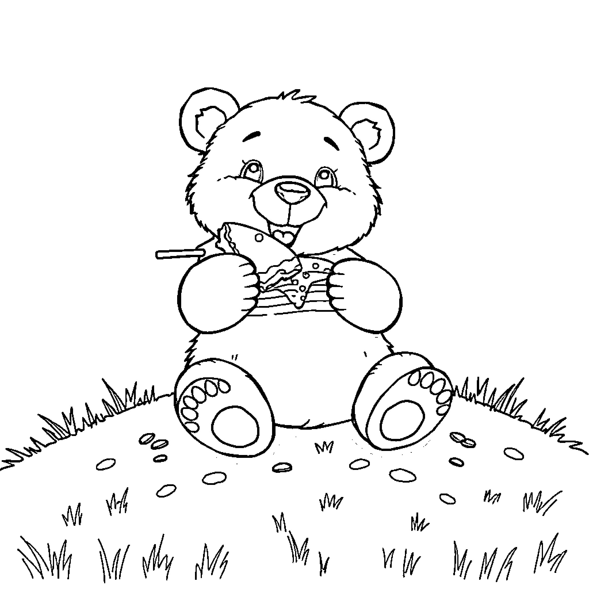 Bear eating snack in grassy field Coloring Page (free black-and-white line drawing printable PDF for all, from beginners to advanced learners, including children, teens, adults, and seniors)