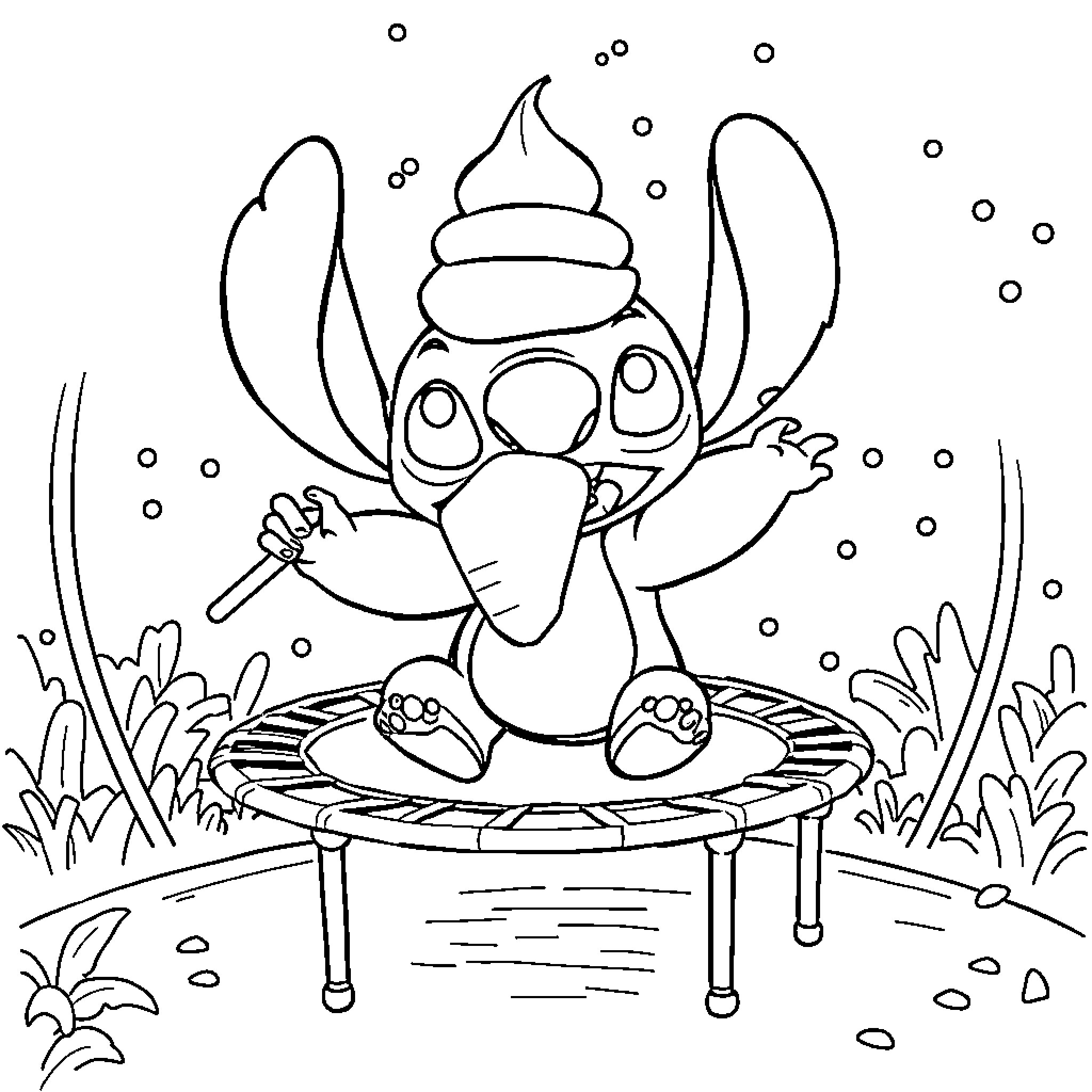 Stitch playing happily on a trampoline Coloring Page (free black-and-white line drawing printable PDF for all, from beginners to advanced learners, including children, teens, adults, and seniors)
