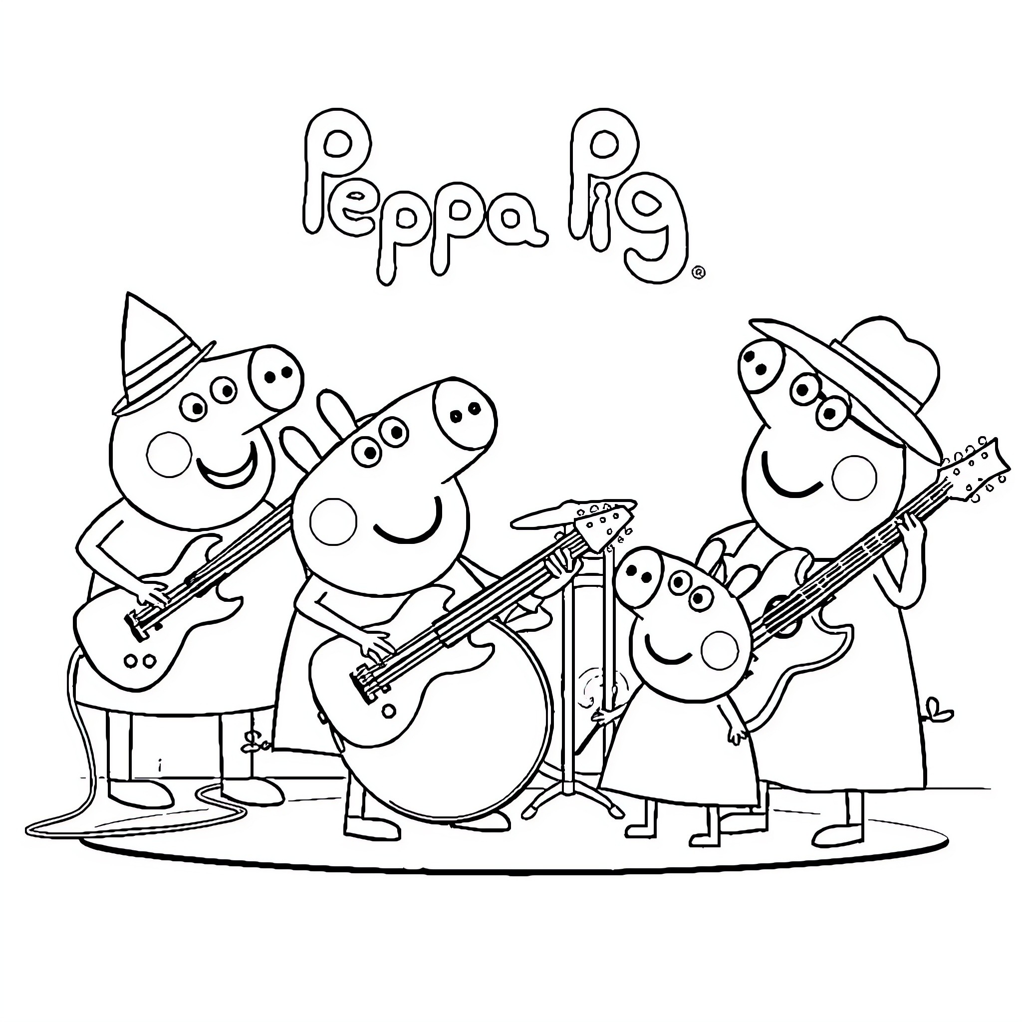 Peppa Pig characters playing musical instruments Coloring Page (free black-and-white line drawing printable PDF for all, from beginners to advanced learners, including children, teens, adults, and seniors)