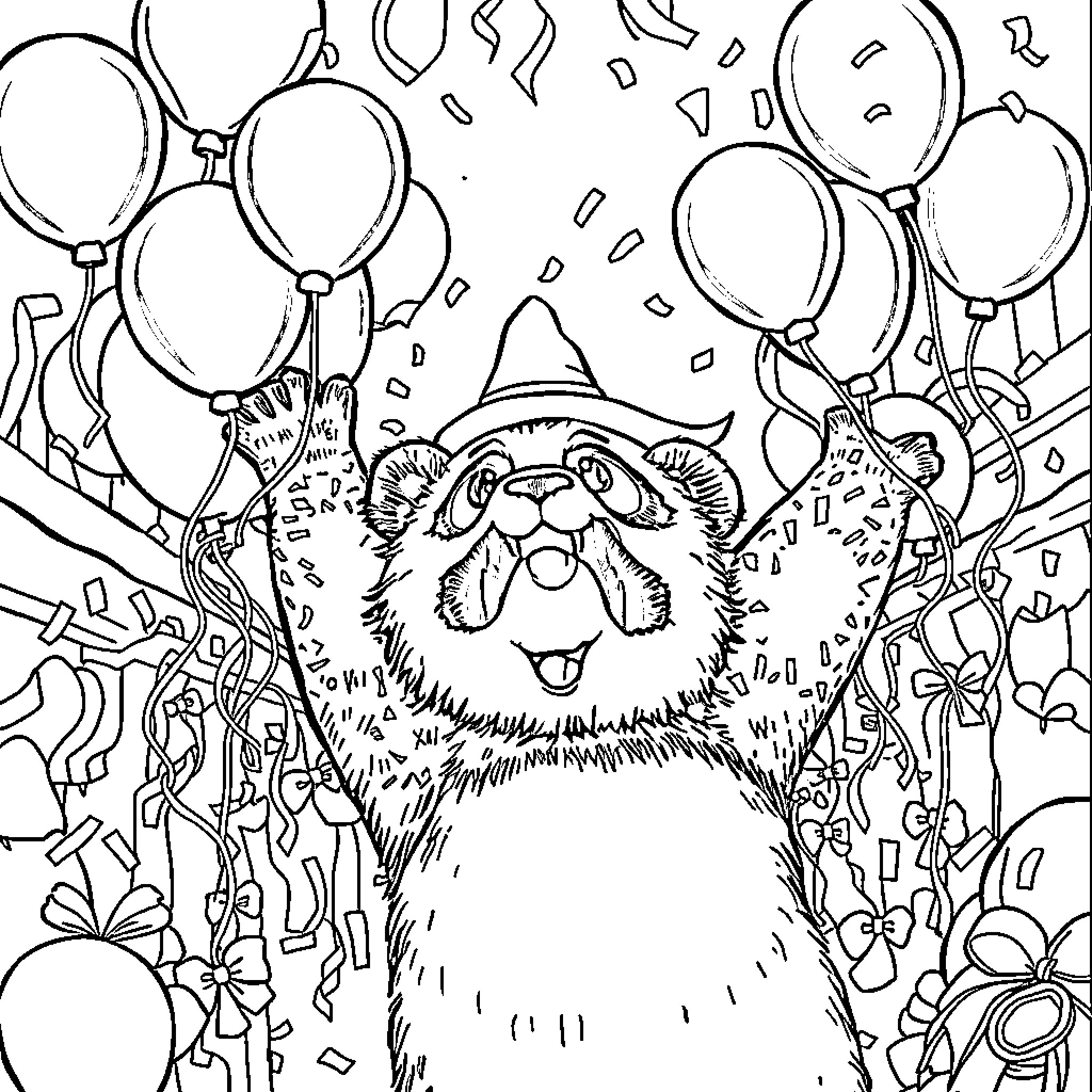 Panda celebrating joyfully with balloons Coloring Page (free black-and-white line drawing printable PDF for all, from beginners to advanced learners, including children, teens, adults, and seniors)