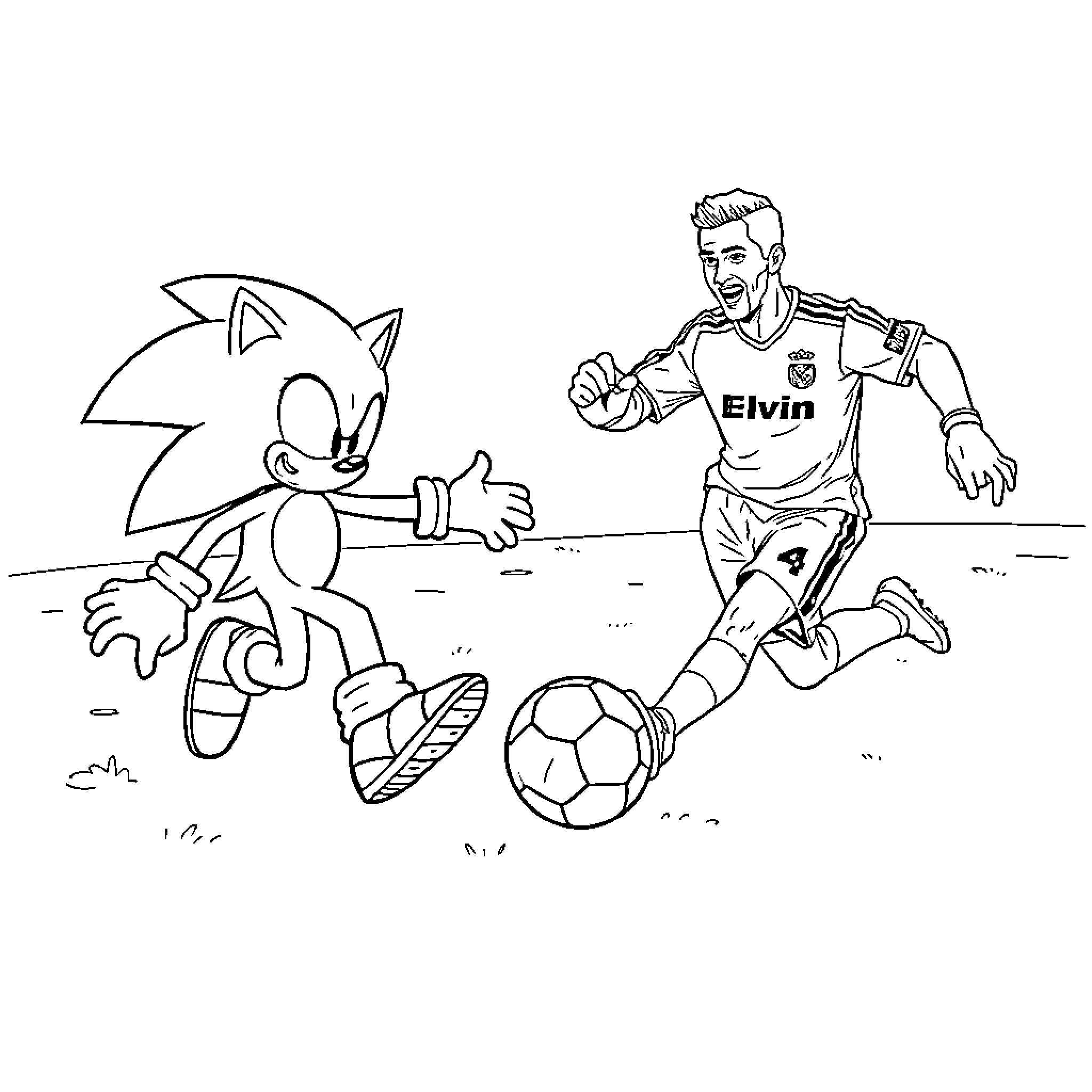 Sonic playing soccer with human teammate Coloring Page (free black-and-white line drawing printable PDF for all, from beginners to advanced learners, including children, teens, adults, and seniors)
