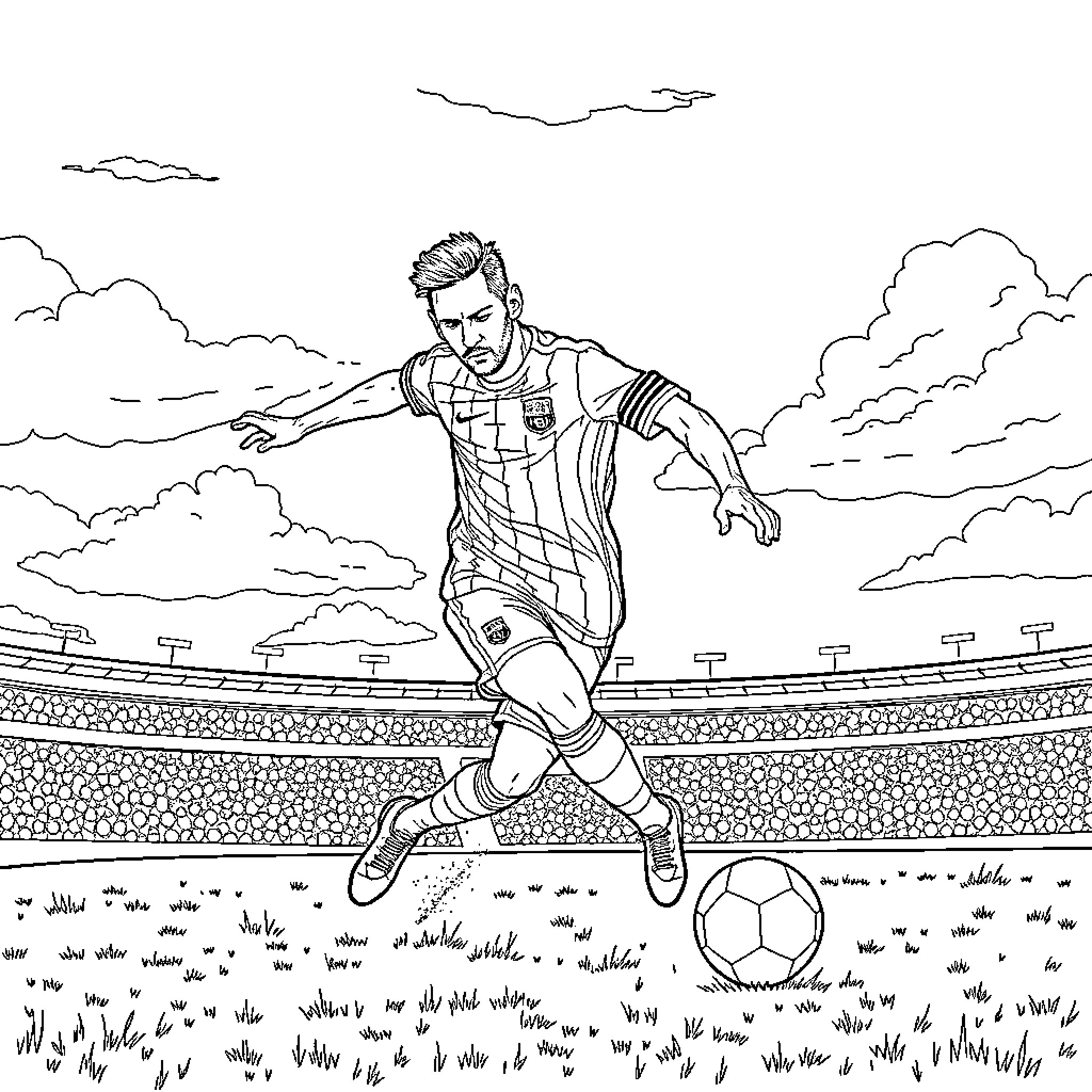 Lionel Messi dribbling a soccer ball on the field Coloring Page (free black-and-white line drawing printable PDF for all, from beginners to advanced learners, including children, teens, adults, and seniors)