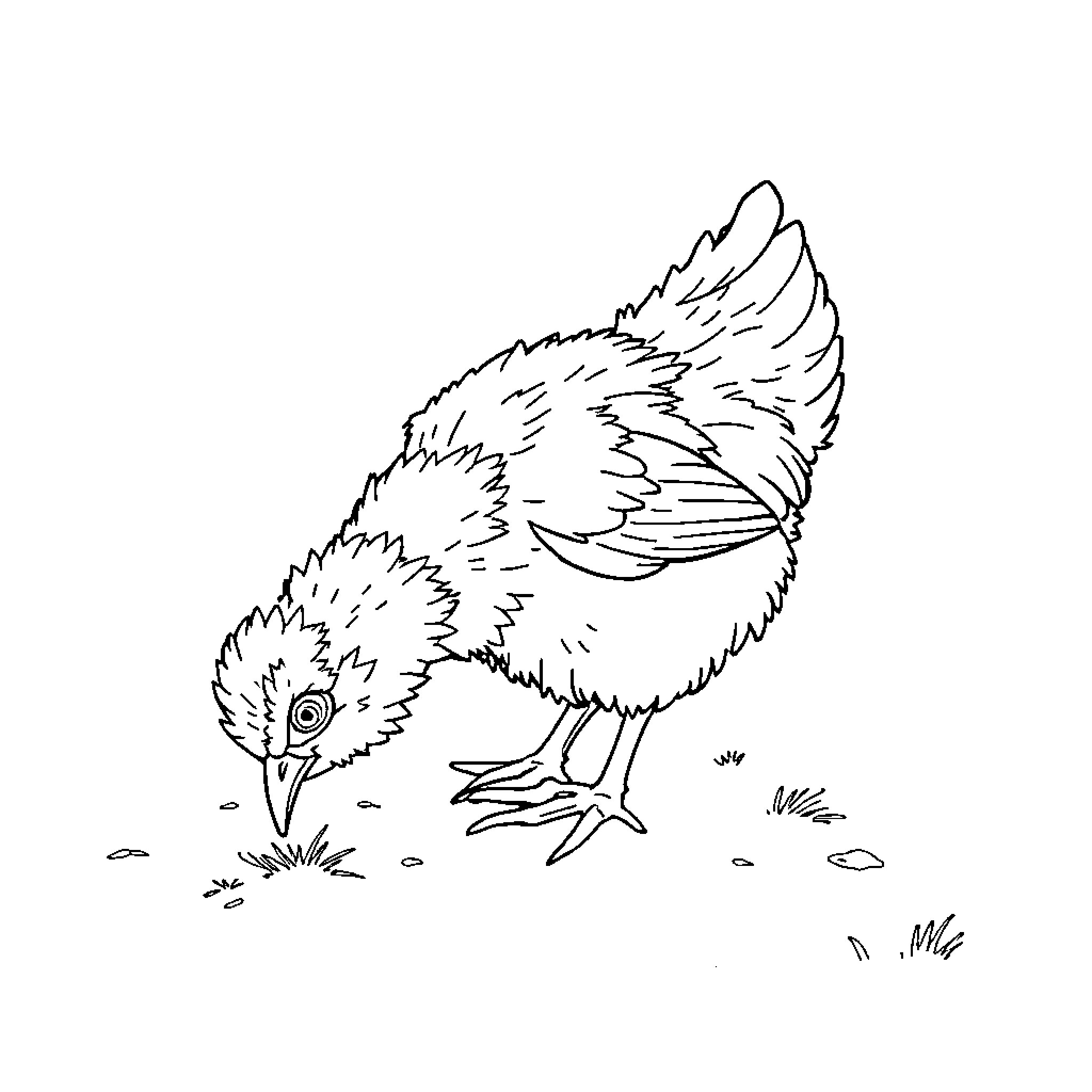 Hen exploring its surroundings in the field Coloring Page (free black-and-white line drawing printable PDF for all, from beginners to advanced learners, including children, teens, adults, and seniors)