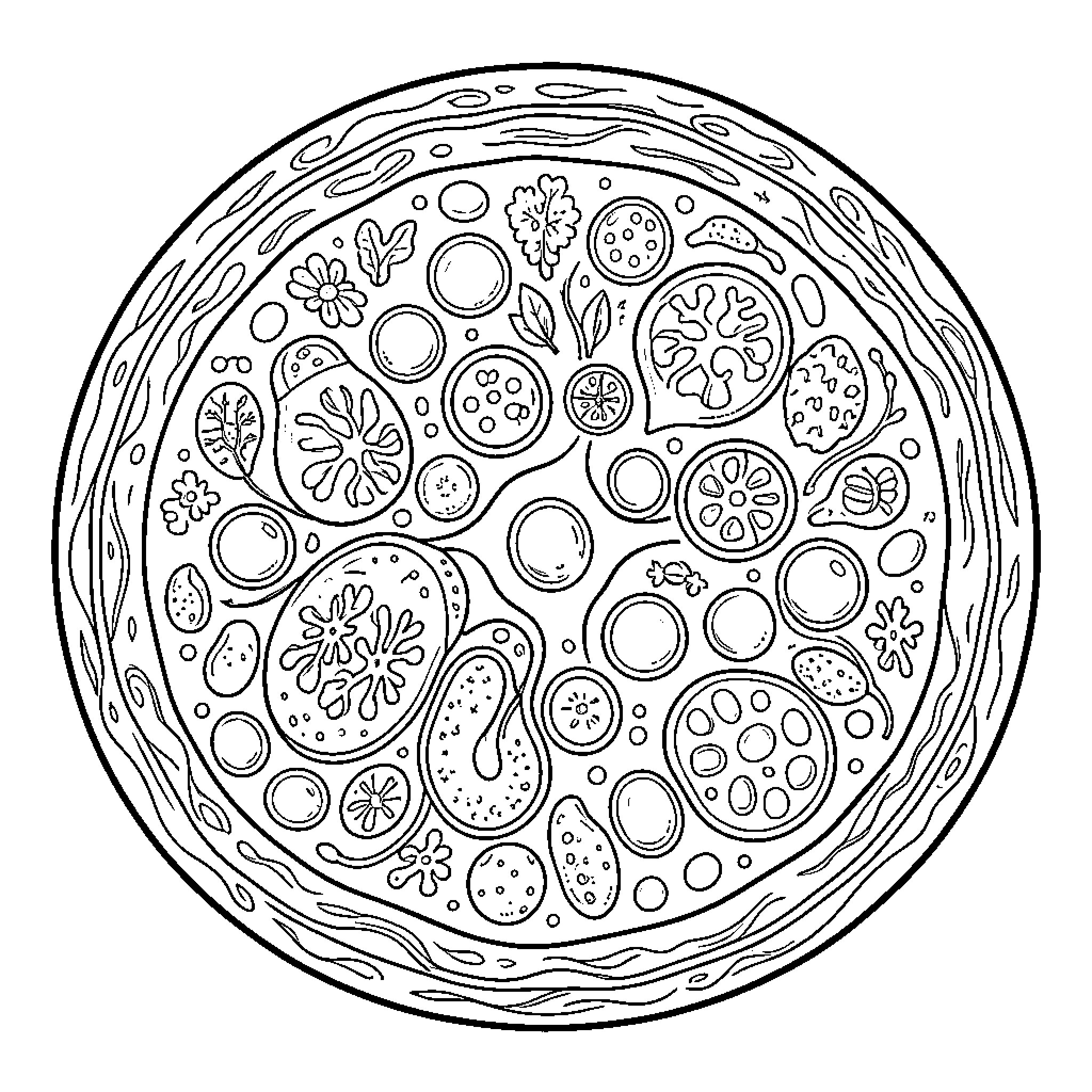 Animal Cell with Intricate Patterns Coloring Page (free black-and-white line drawing printable PDF for all, from beginners to advanced learners, including children, teens, adults, and seniors)