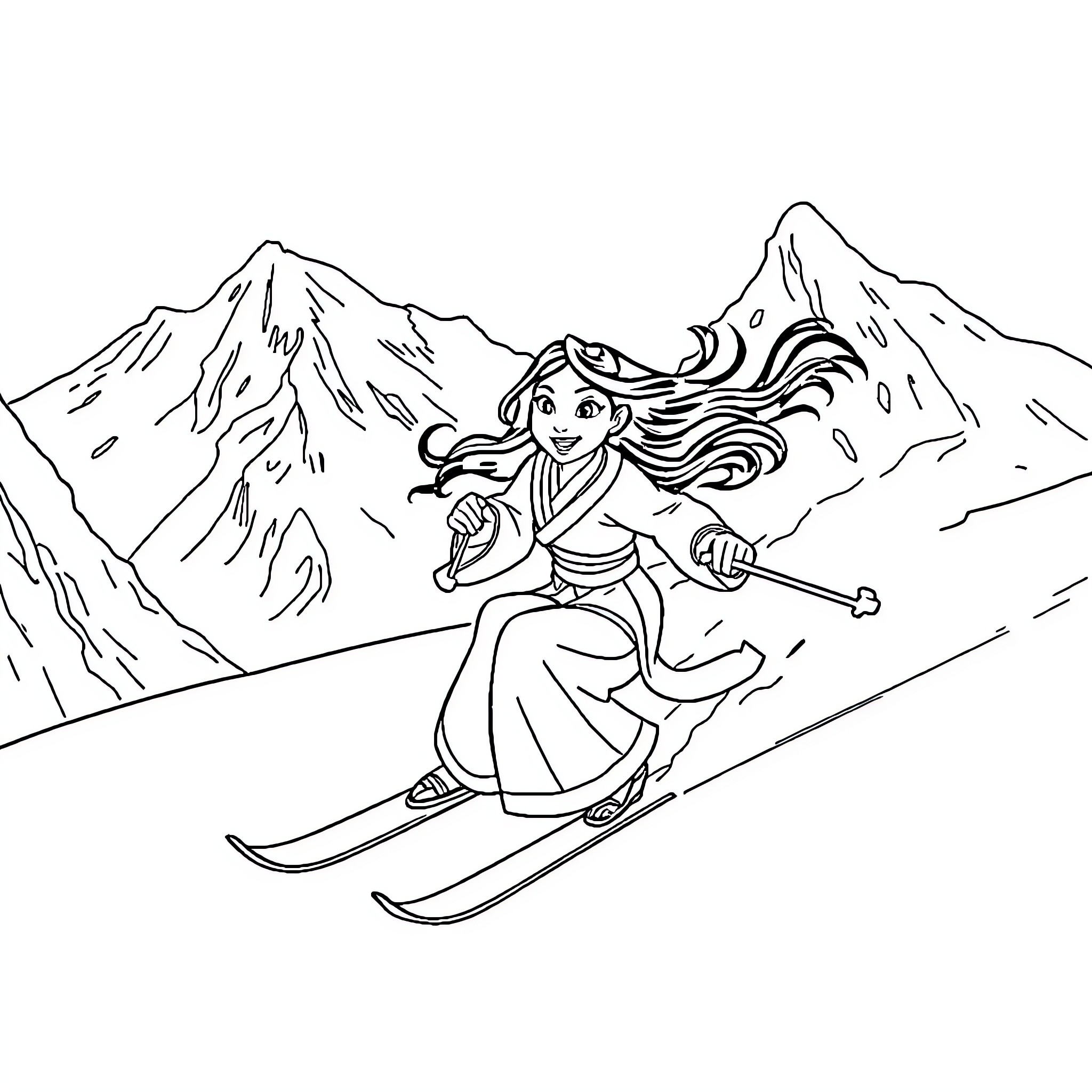Mulan Skiing Down Snowy Mountain Slopes Coloring Page (free black-and-white line drawing printable PDF for all, from beginners to advanced learners, including children, teens, adults, and seniors)