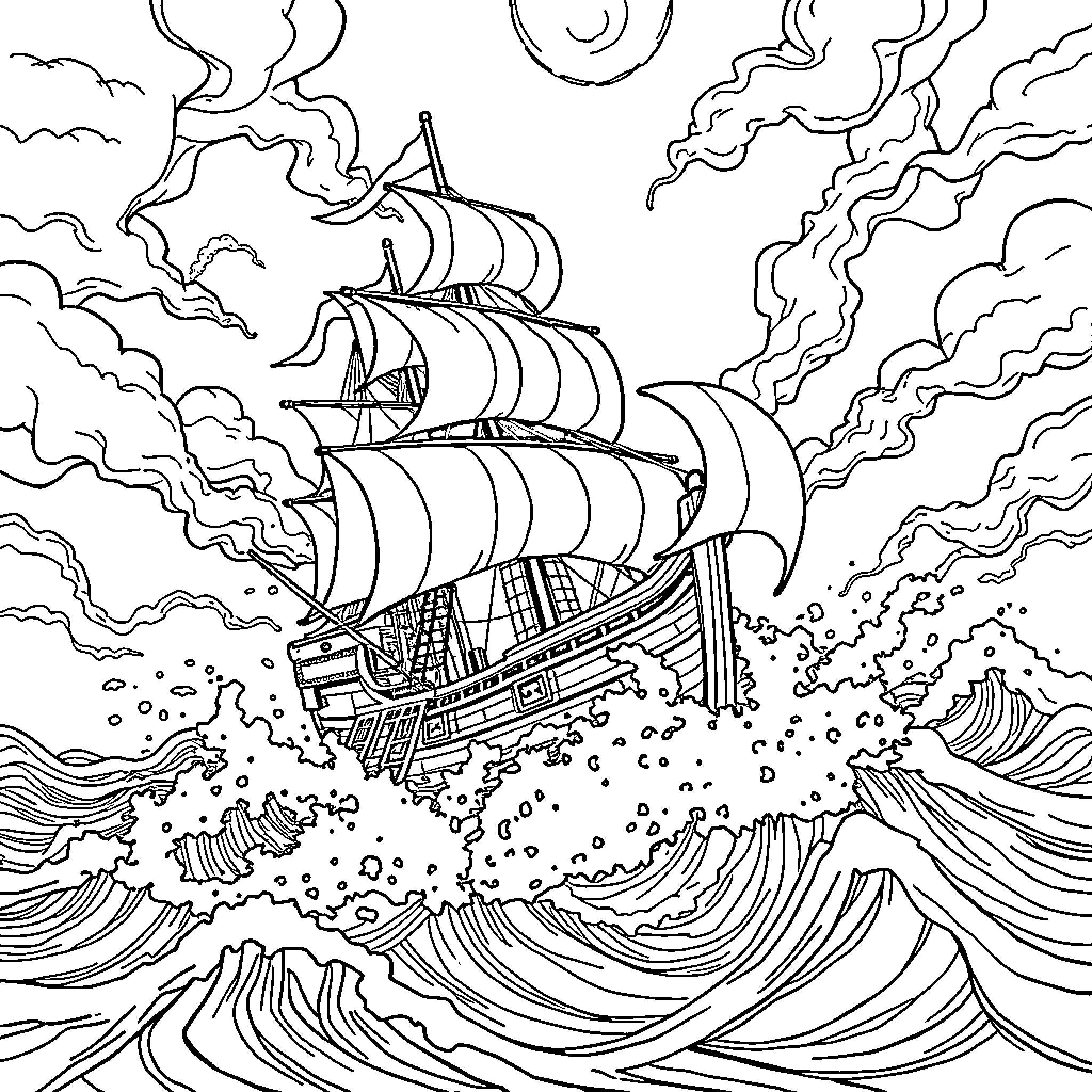 Pirate Ship Sailing Through Stormy Seas Coloring Page (free black-and-white line drawing printable PDF for all, from beginners to advanced learners, including children, teens, adults, and seniors)