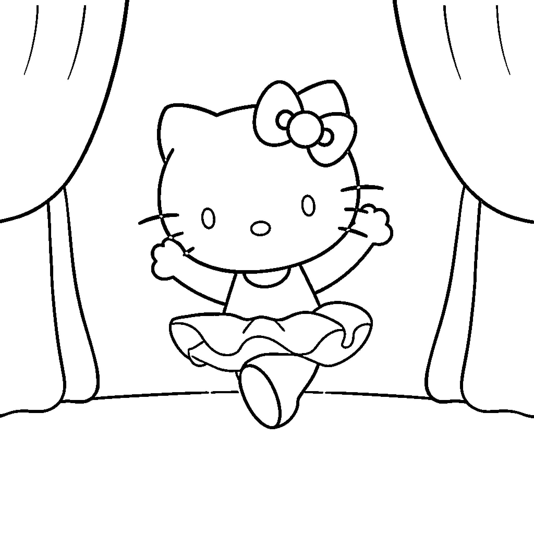 Hello Kitty ballerina on stage Coloring Page (free black-and-white line drawing printable PDF for all, from beginners to advanced learners, including children, teens, adults, and seniors)