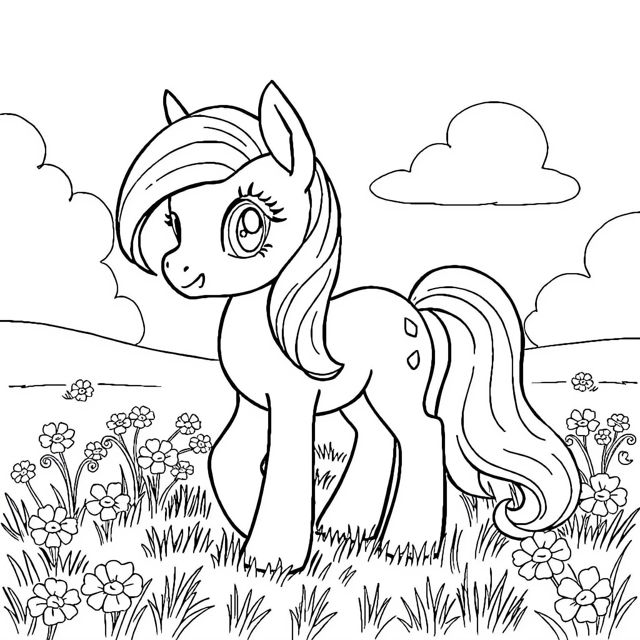 Pony frolicking in a flower-filled meadow Coloring Page (free black-and-white line drawing printable PDF for all, from beginners to advanced learners, including children, teens, adults, and seniors)