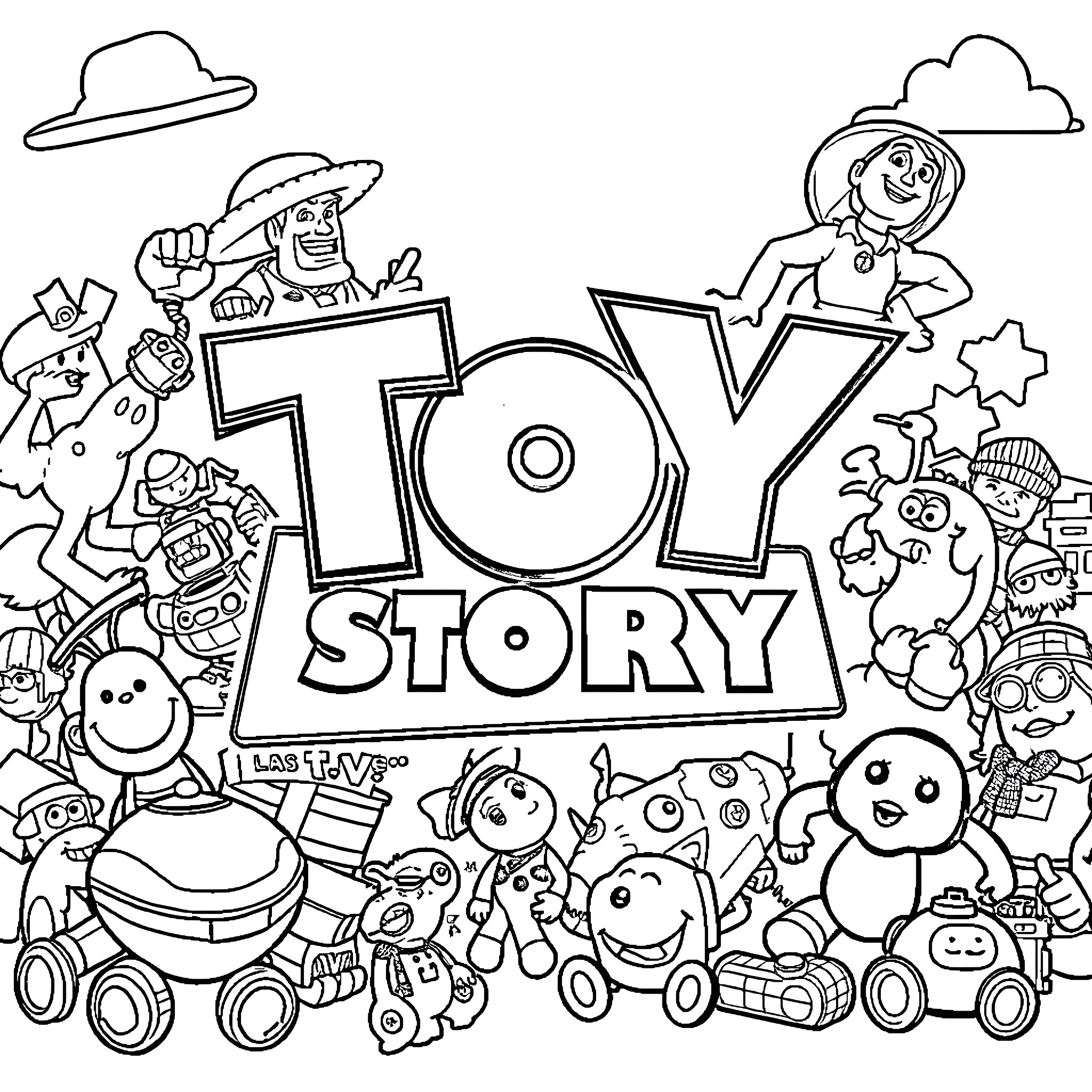 Toy Story characters in colorful adventure Coloring Page (free black-and-white line drawing printable PDF for all, from beginners to advanced learners, including children, teens, adults, and seniors)
