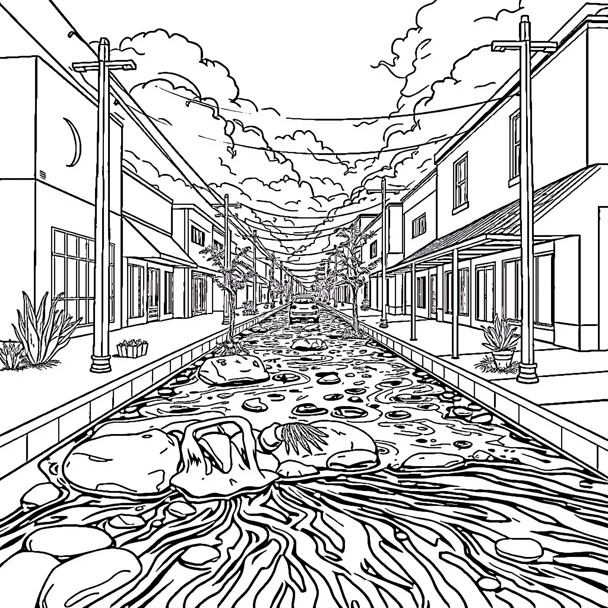Stormwater flooding in a small town street Coloring Page (free black-and-white line drawing printable PDF for all, from beginners to advanced learners, including children, teens, adults, and seniors)