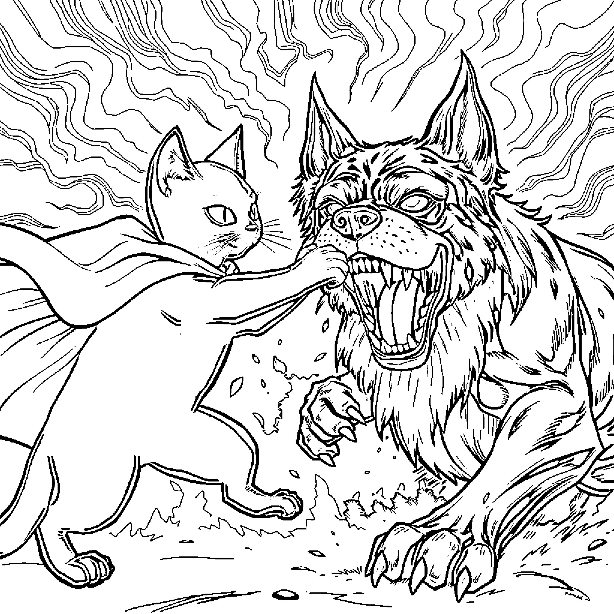 Cat fighting with a wild animal Coloring Page (free black-and-white line drawing printable PDF for all, from beginners to advanced learners, including children, teens, adults, and seniors)