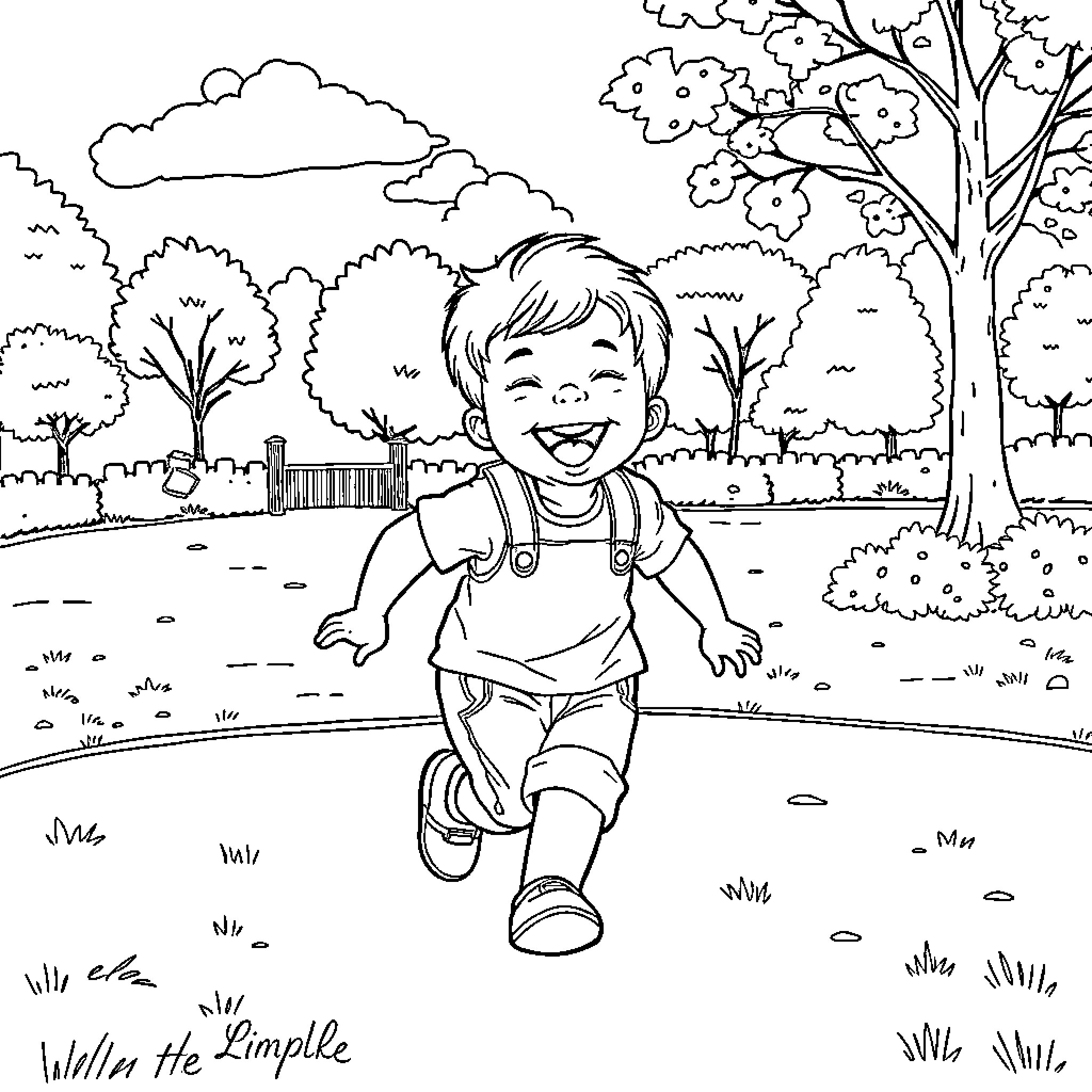 Toddler joyfully running in the park Coloring Page (free black-and-white line drawing printable PDF for all, from beginners to advanced learners, including children, teens, adults, and seniors)