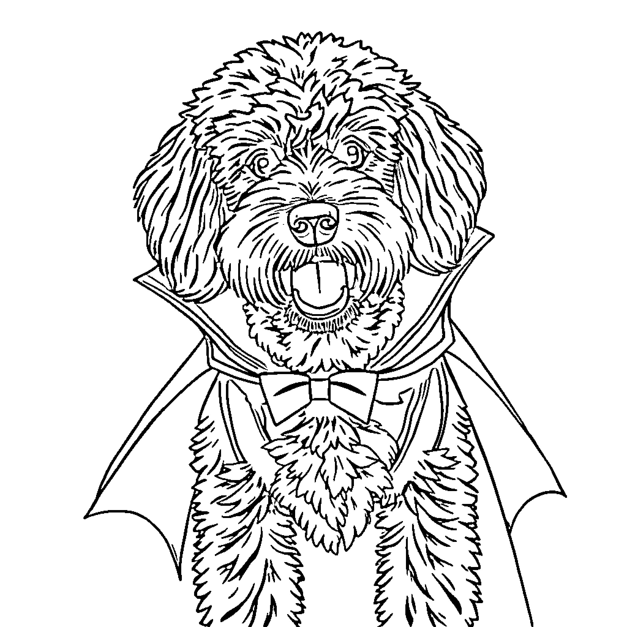 Labradoodle dressed up in a cape and bow tie Coloring Page (free black-and-white line drawing printable PDF for all, from beginners to advanced learners, including children, teens, adults, and seniors)