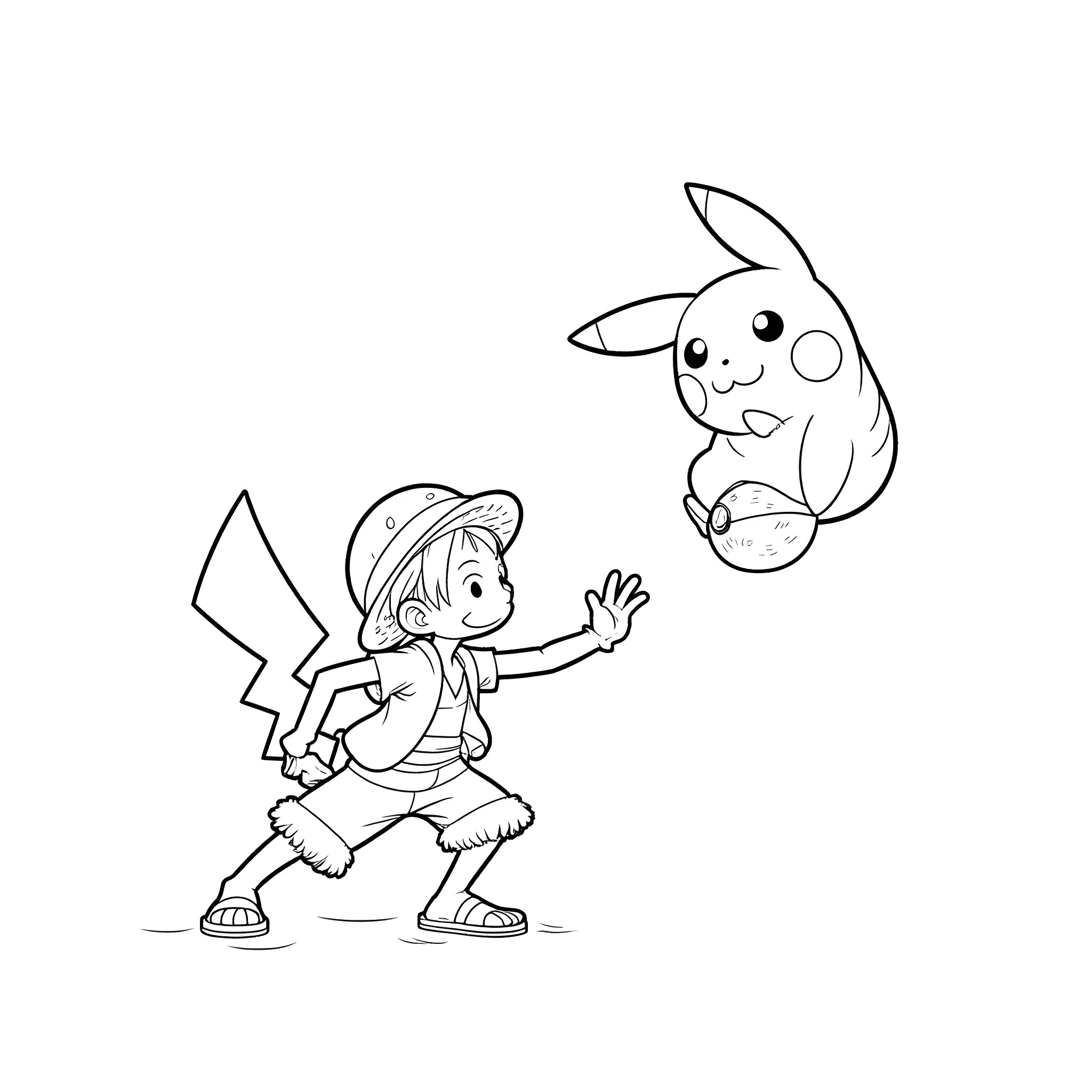 Monkey D Luffy encounters Pikachu in the wilderness Coloring Page (free black-and-white line drawing printable PDF for all, from beginners to advanced learners, including children, teens, adults, and seniors)