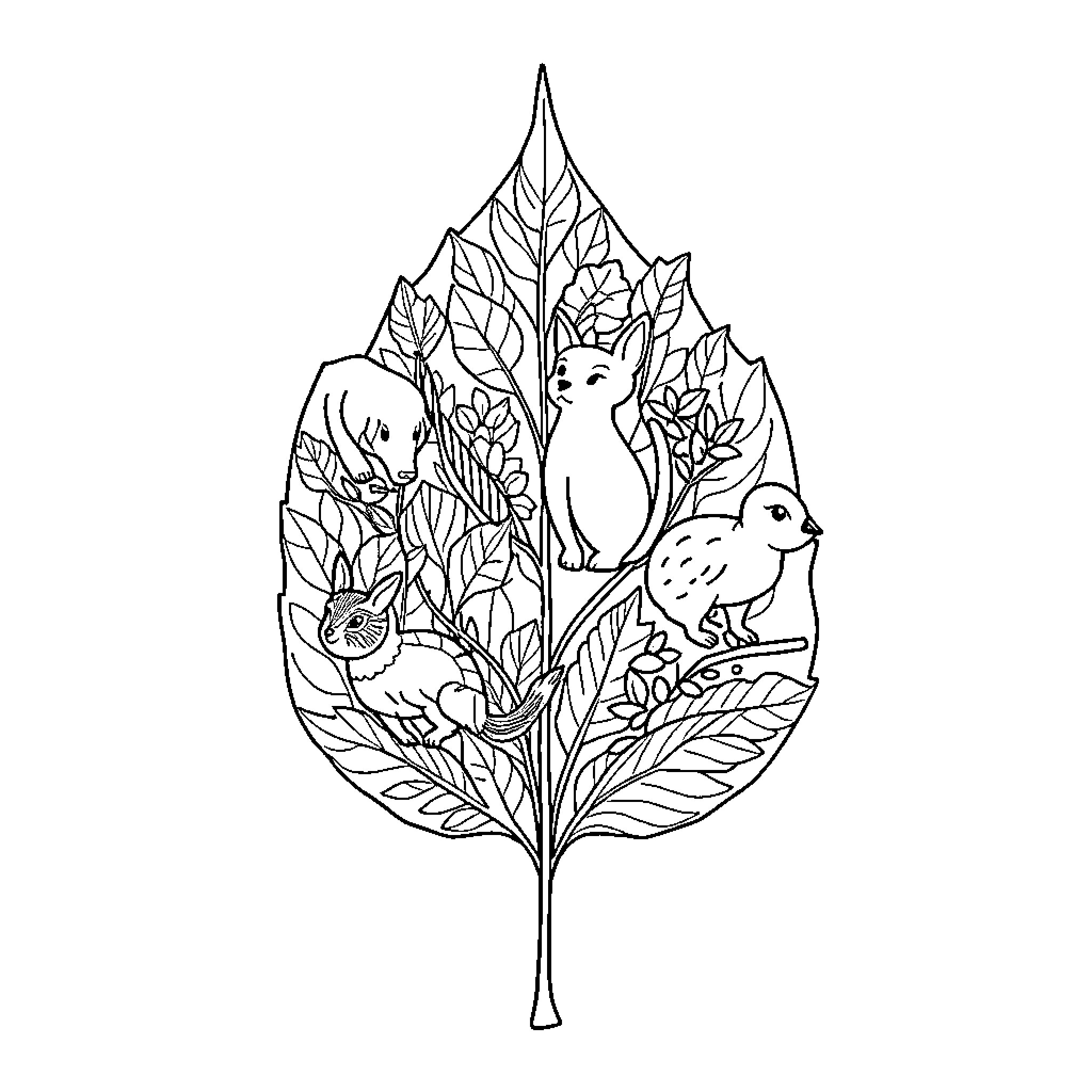 Animal Leaf With Whimsical Forest Creatures Coloring Page (free black-and-white line drawing printable PDF for all, from beginners to advanced learners, including children, teens, adults, and seniors)
