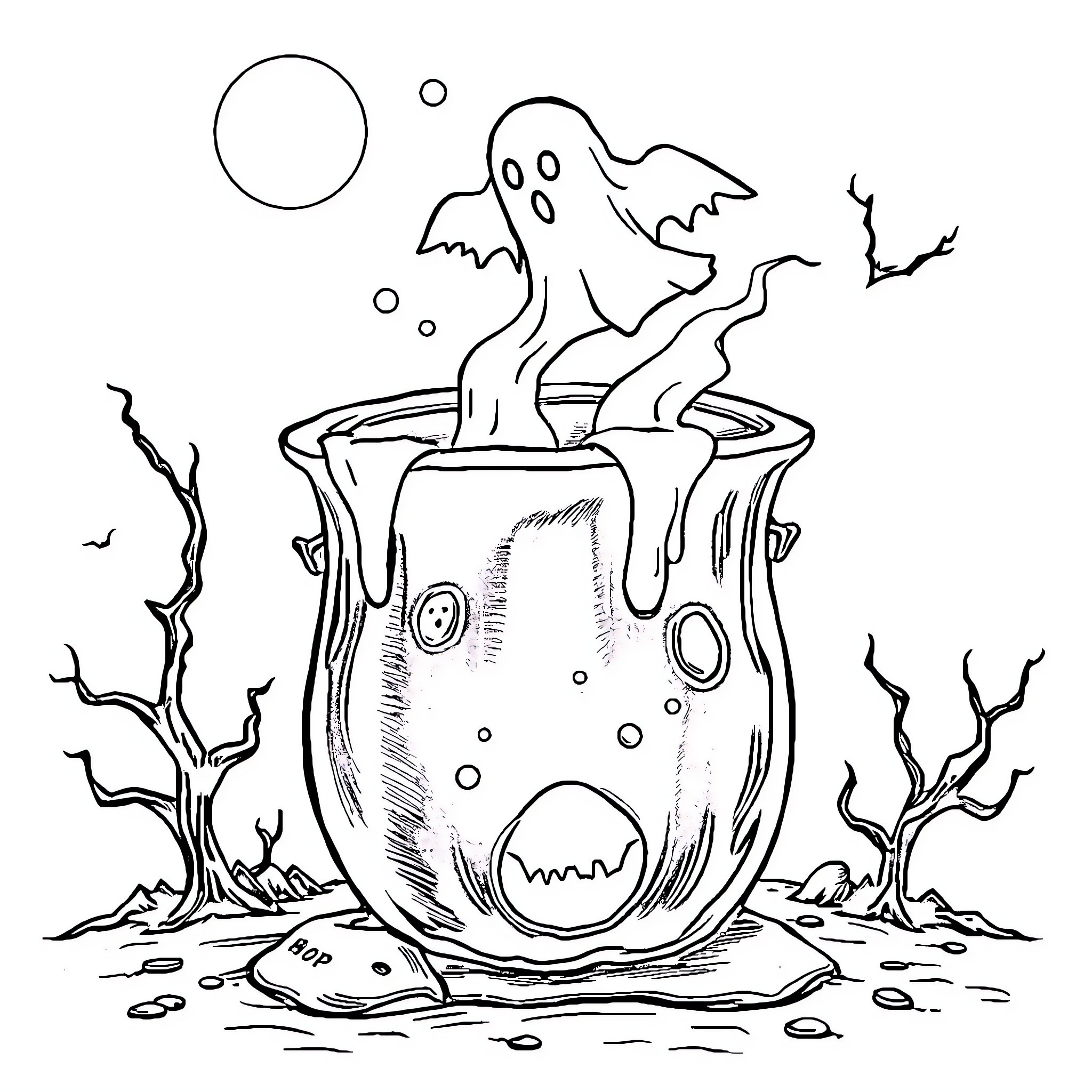 Bat emerging from spooky pumpkin in eerie landscape Coloring Page (free black-and-white line drawing printable PDF for all, from beginners to advanced learners, including children, teens, adults, and seniors)