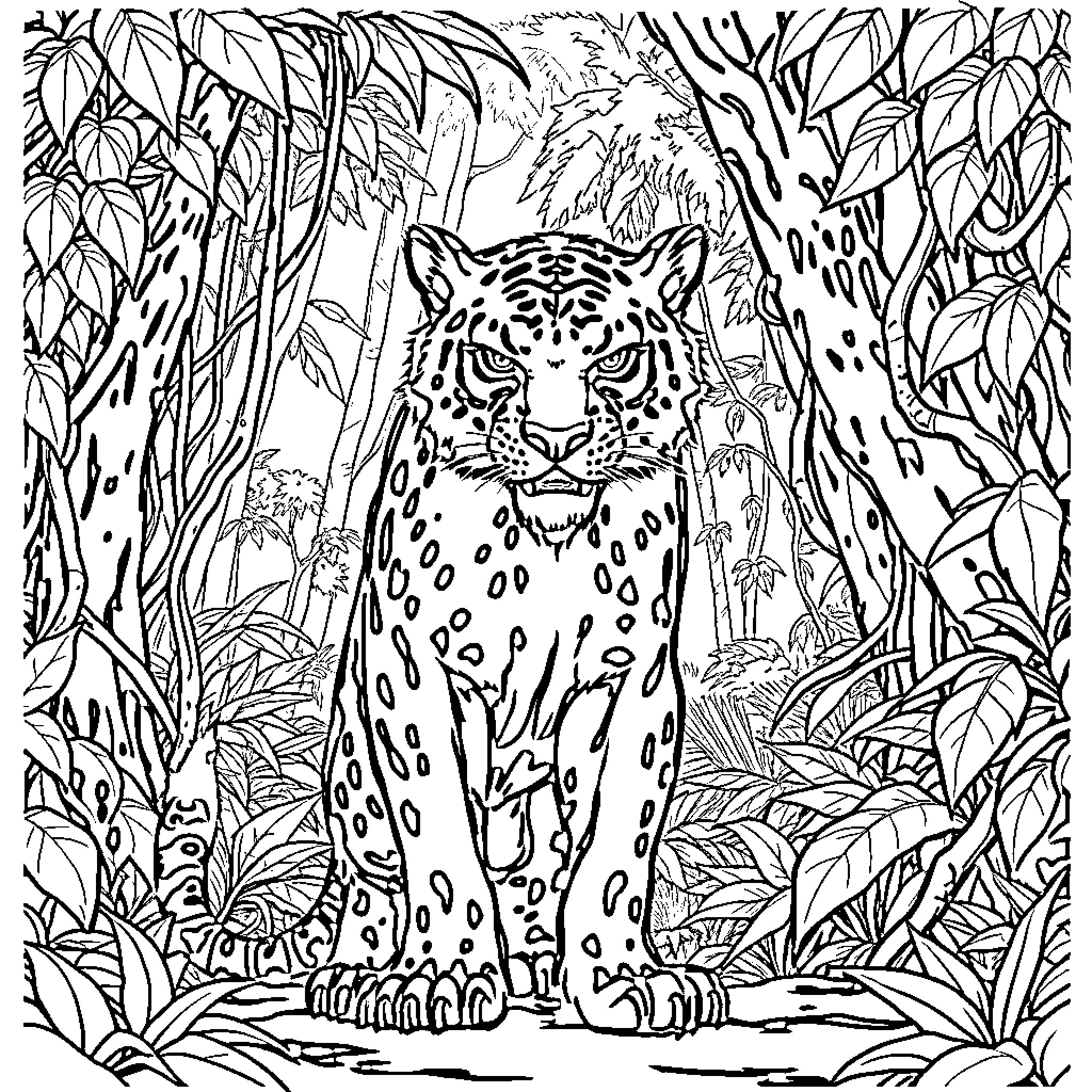 Predator Leopard Stalking in Lush Jungle Coloring Page (free black-and-white line drawing printable PDF for all, from beginners to advanced learners, including children, teens, adults, and seniors)
