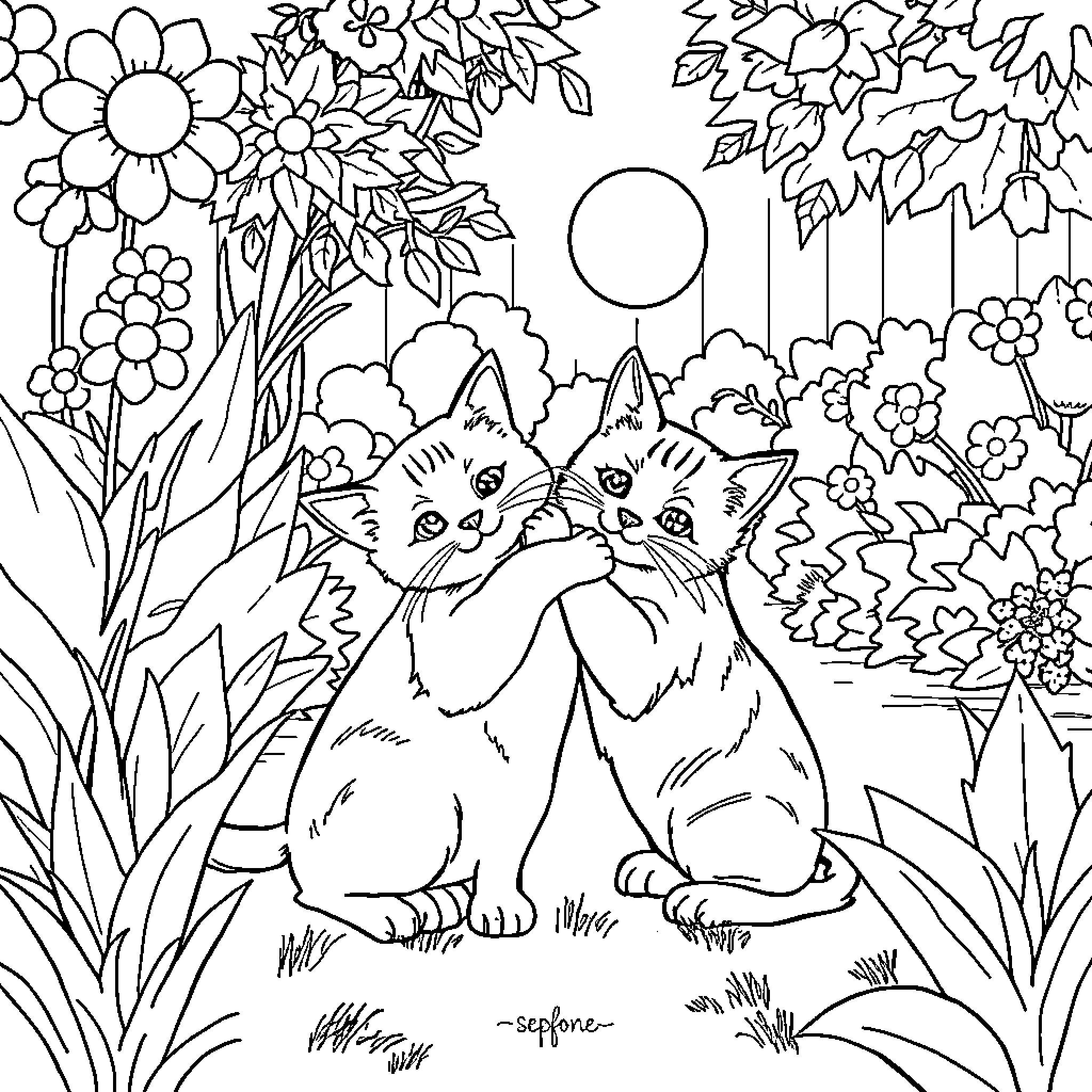 Cats Playing in Floral Garden Coloring Page (free black-and-white line drawing printable PDF for all, from beginners to advanced learners, including children, teens, adults, and seniors)