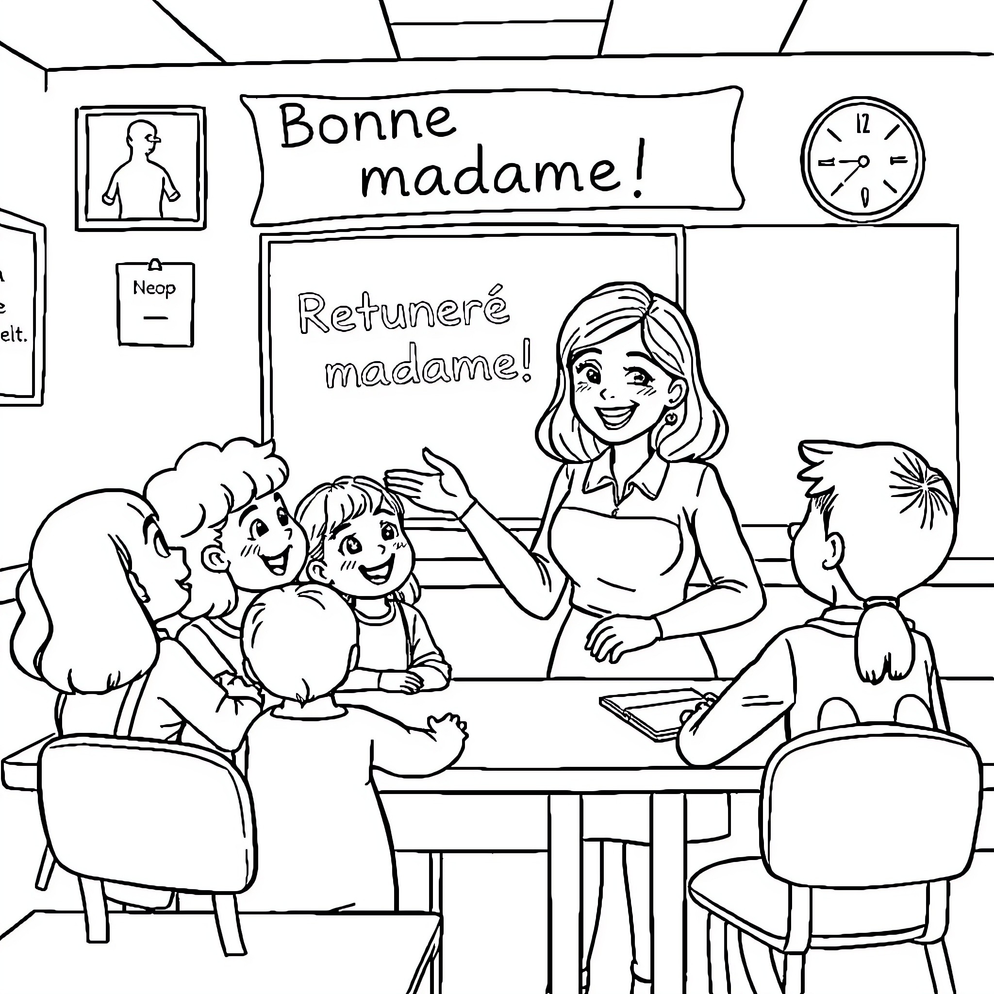 Back to School Classroom Scene with Welcoming Teacher Coloring Page (free black-and-white line drawing printable PDF for all, from beginners to advanced learners, including children, teens, adults, and seniors)