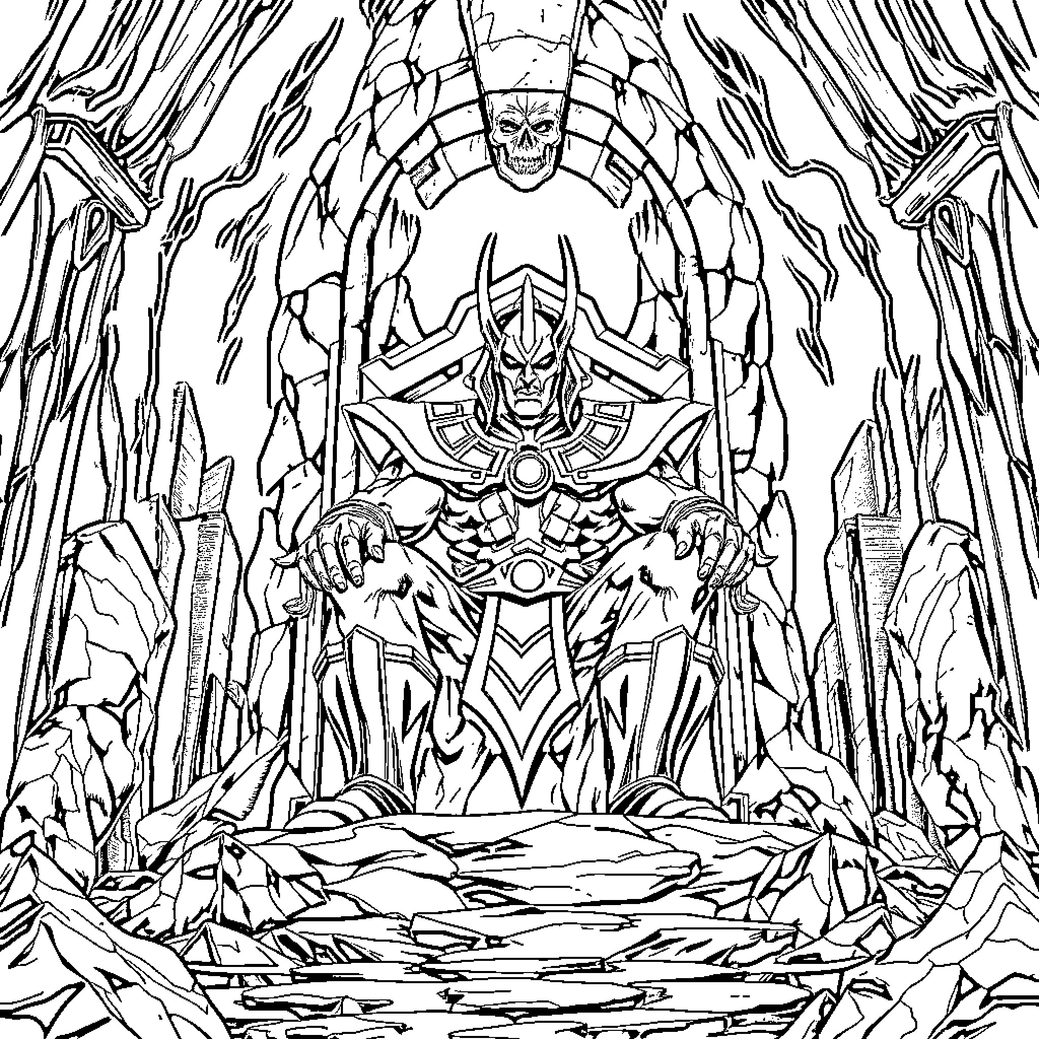 Darkseid's Menacing Throne in the Cosmic Realm Coloring Page (free black-and-white line drawing printable PDF for all, from beginners to advanced learners, including children, teens, adults, and seniors)