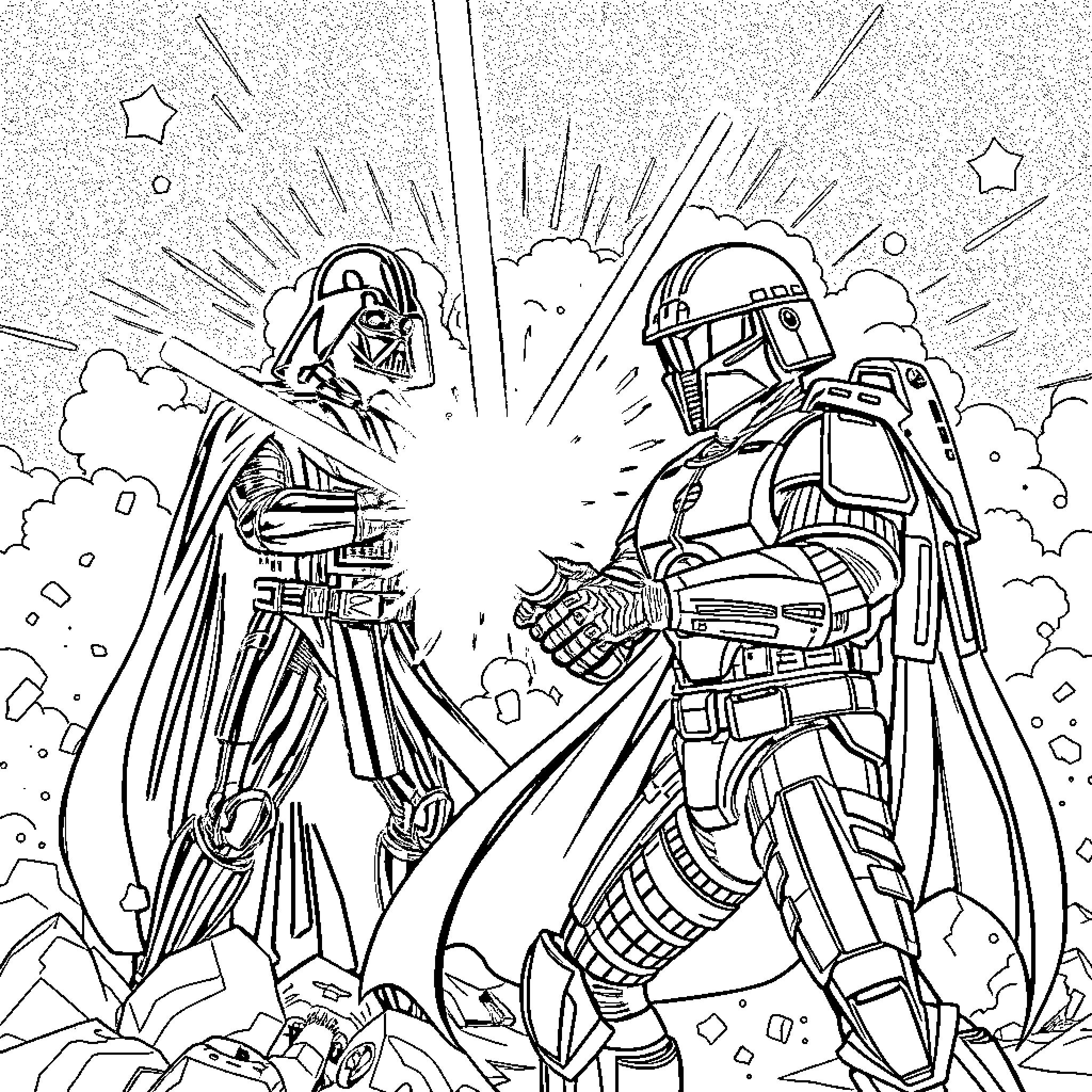 Master Chief in epic battle against Darth Vader Coloring Page (free black-and-white line drawing printable PDF for all, from beginners to advanced learners, including children, teens, adults, and seniors)
