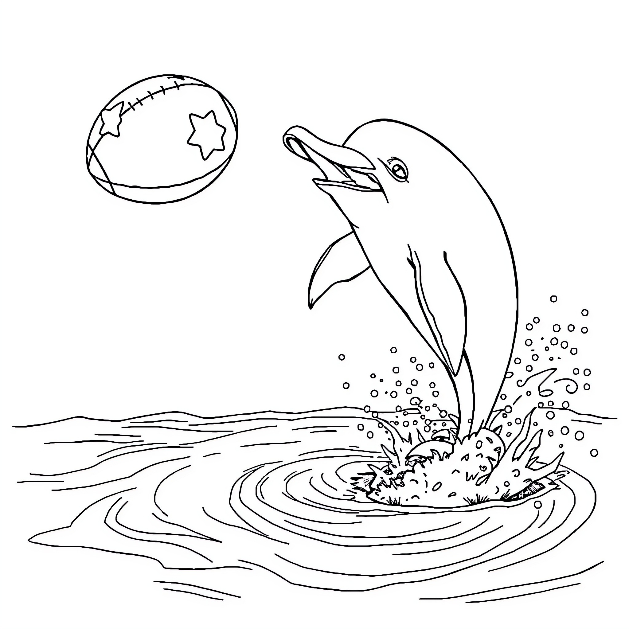 Dolphin leaping from the sea with a ball Coloring Page (free black-and-white line drawing printable PDF for all, from beginners to advanced learners, including children, teens, adults, and seniors)