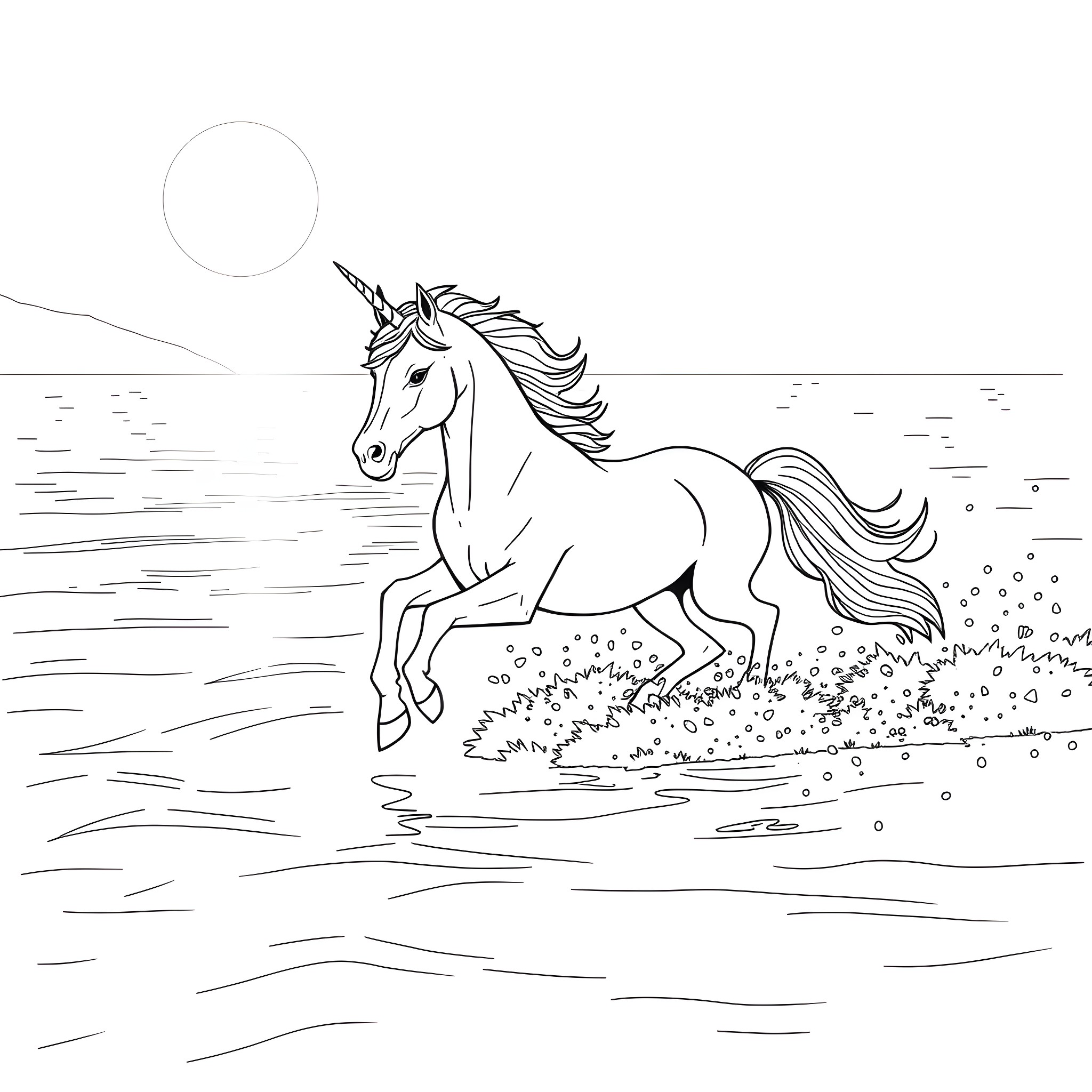 Unicorn galloping through enchanted landscape Coloring Page (free black-and-white line drawing printable PDF for all, from beginners to advanced learners, including children, teens, adults, and seniors)