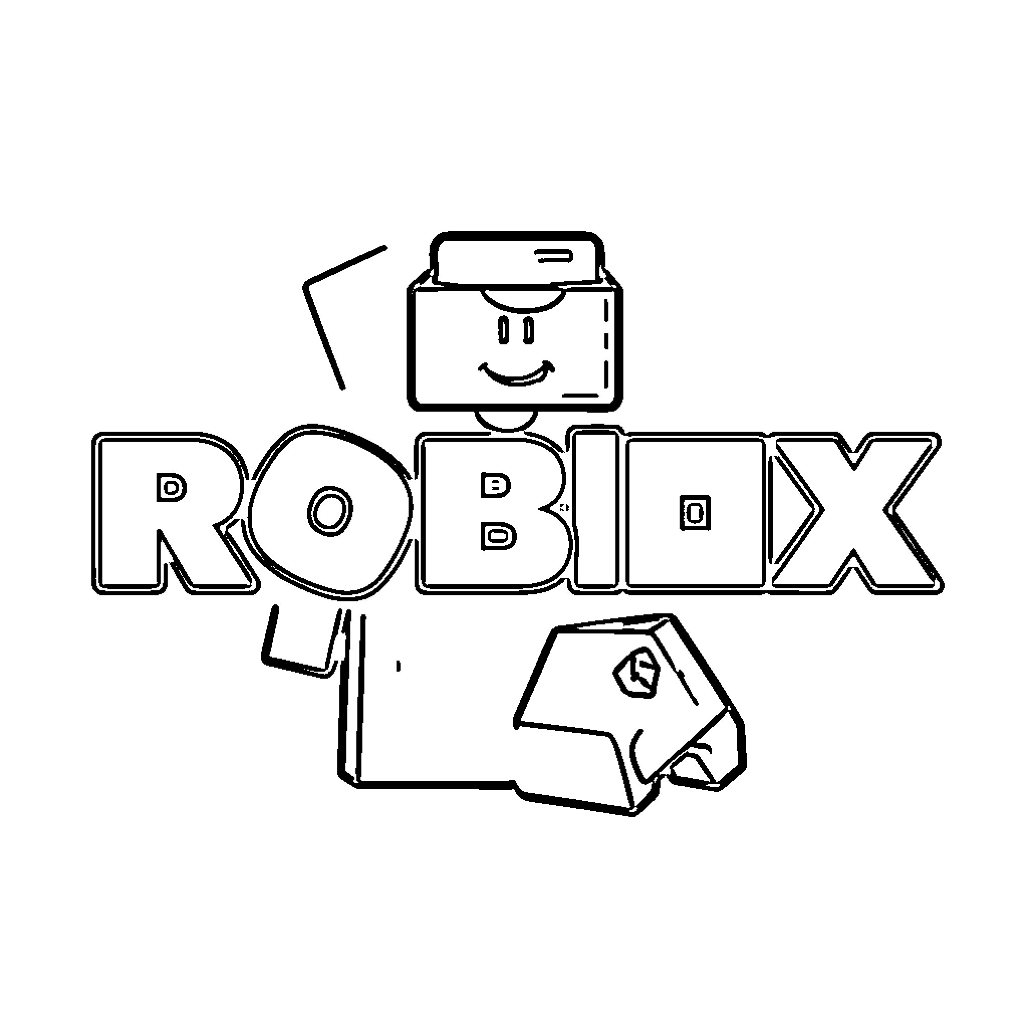 Robux character posing behind large stylized text Coloring Page (free black-and-white line drawing printable PDF for all, from beginners to advanced learners, including children, teens, adults, and seniors)