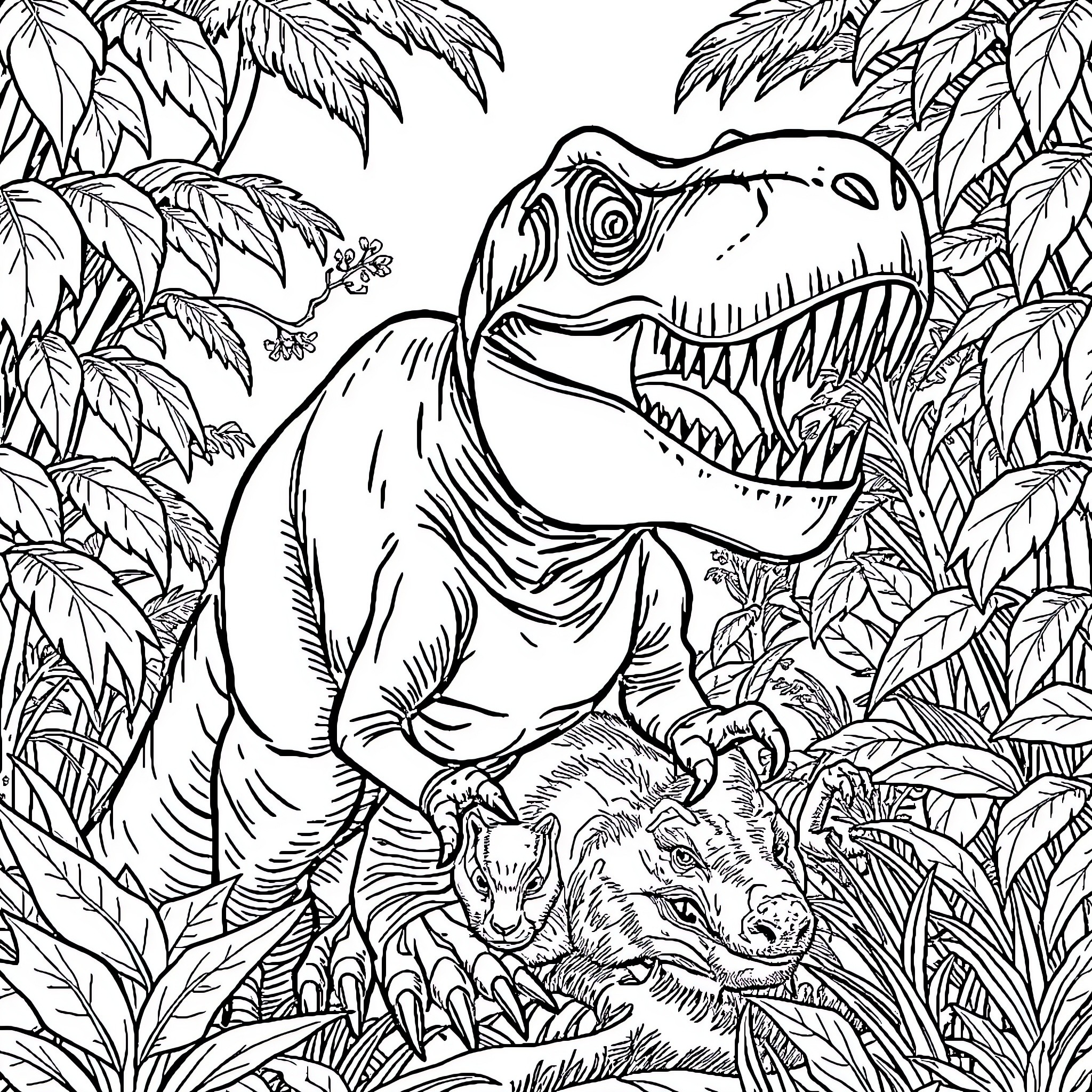 T-Rex Roaring in Lush Jungle Landscape Coloring Page (free black-and-white line drawing printable PDF for all, from beginners to advanced learners, including children, teens, adults, and seniors)