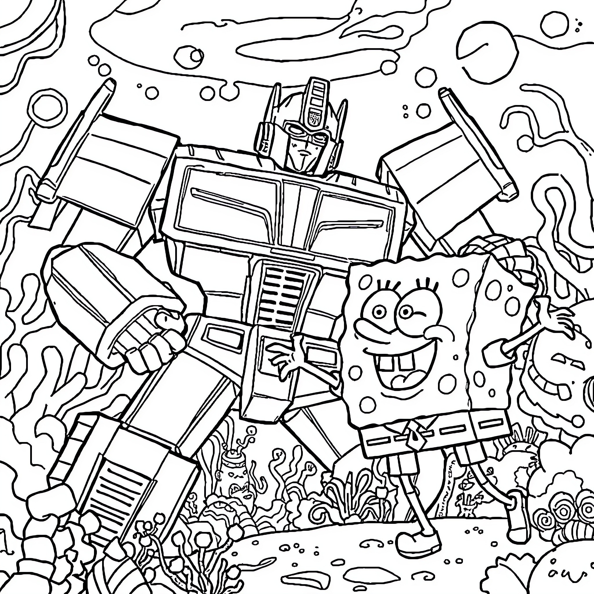 Optimus Prime battling underwater creatures Coloring Page (free black-and-white line drawing printable PDF for all, from beginners to advanced learners, including children, teens, adults, and seniors)