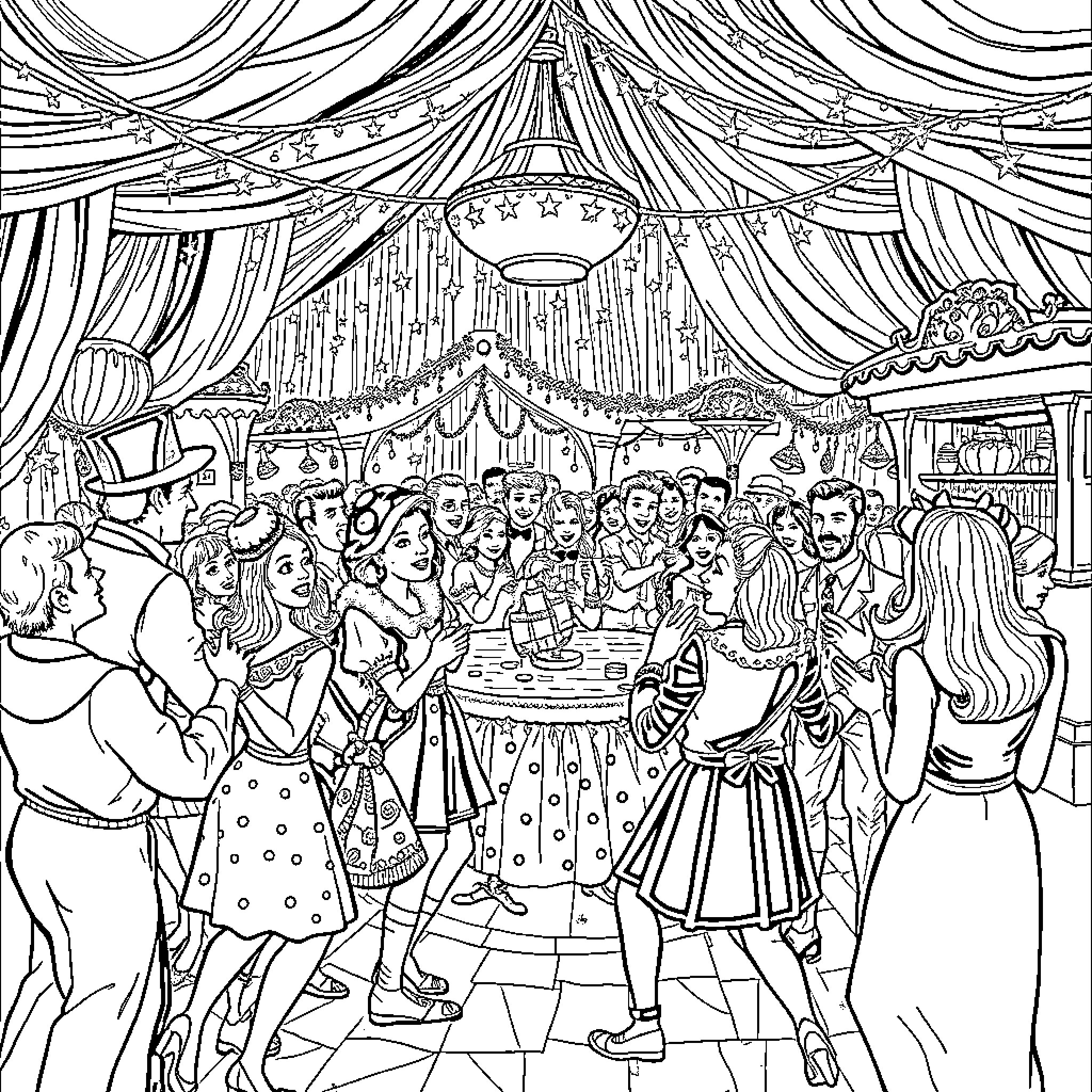 Fezziwig's Festive Fete: Joyous Celebration in a Whimsical Setting Coloring Page (free black-and-white line drawing printable PDF for all, from beginners to advanced learners, including children, teens, adults, and seniors)