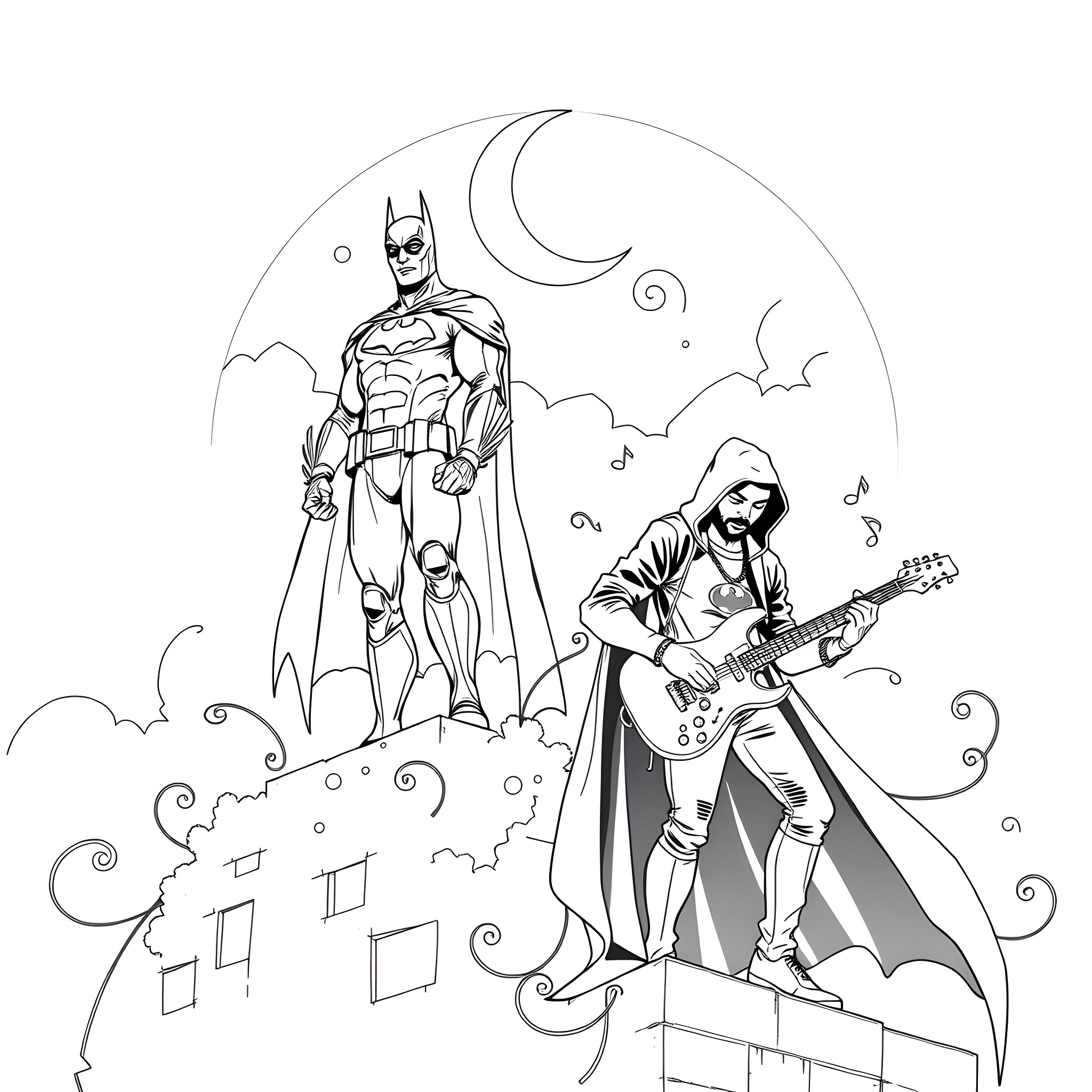 Batman overlooking a musician performing in the city Coloring Page (free black-and-white line drawing printable PDF for all, from beginners to advanced learners, including children, teens, adults, and seniors)