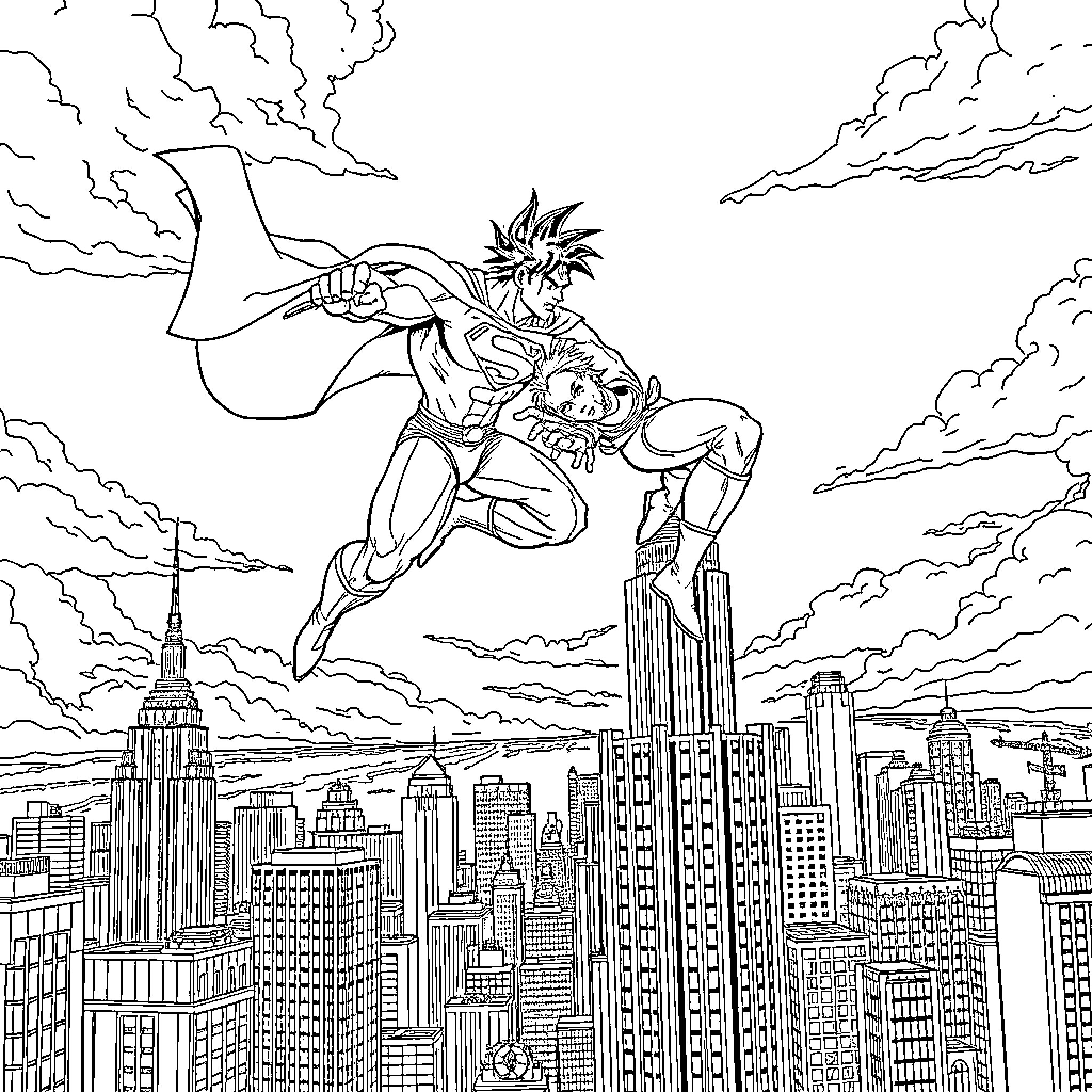 Superman flying heroically over a city skyline Coloring Page (free black-and-white line drawing printable PDF for all, from beginners to advanced learners, including children, teens, adults, and seniors)