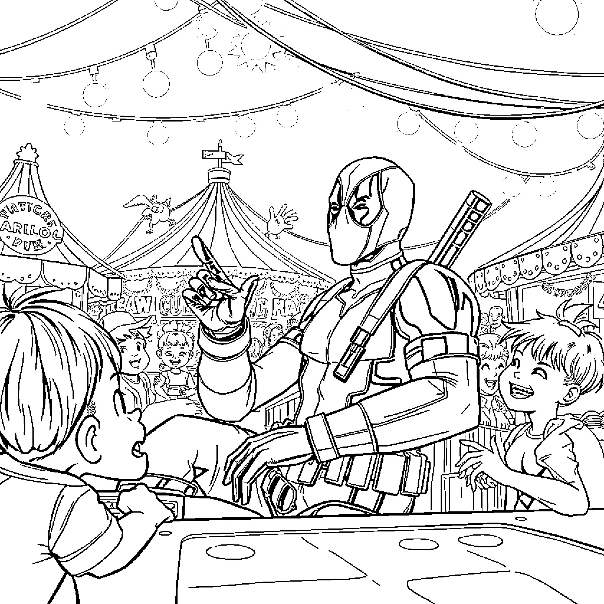 Deadpool's Carnival Chaos Coloring Page (free black-and-white line drawing printable PDF for all, from beginners to advanced learners, including children, teens, adults, and seniors)