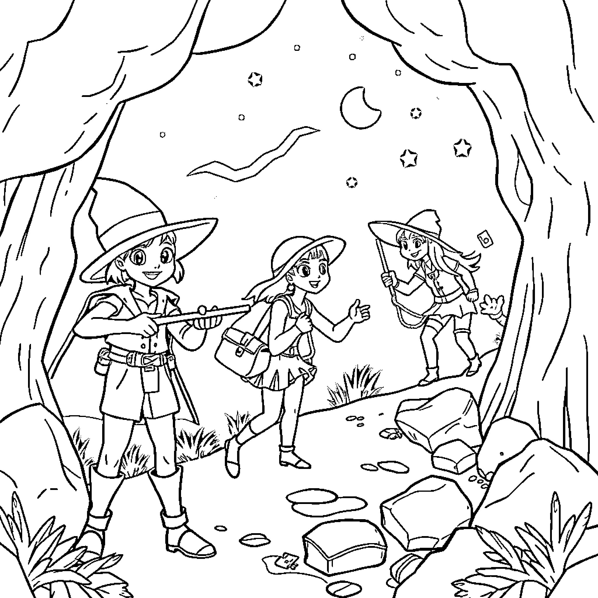 Huntrix Adventurers Exploring the Wilderness Coloring Page (free black-and-white line drawing printable PDF for all, from beginners to advanced learners, including children, teens, adults, and seniors)