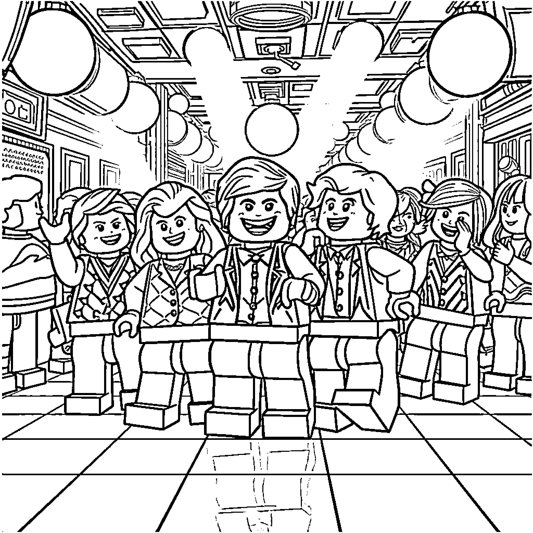 LEGO Characters Celebrating Together in a Party Coloring Page (free black-and-white line drawing printable PDF for all, from beginners to advanced learners, including children, teens, adults, and seniors)