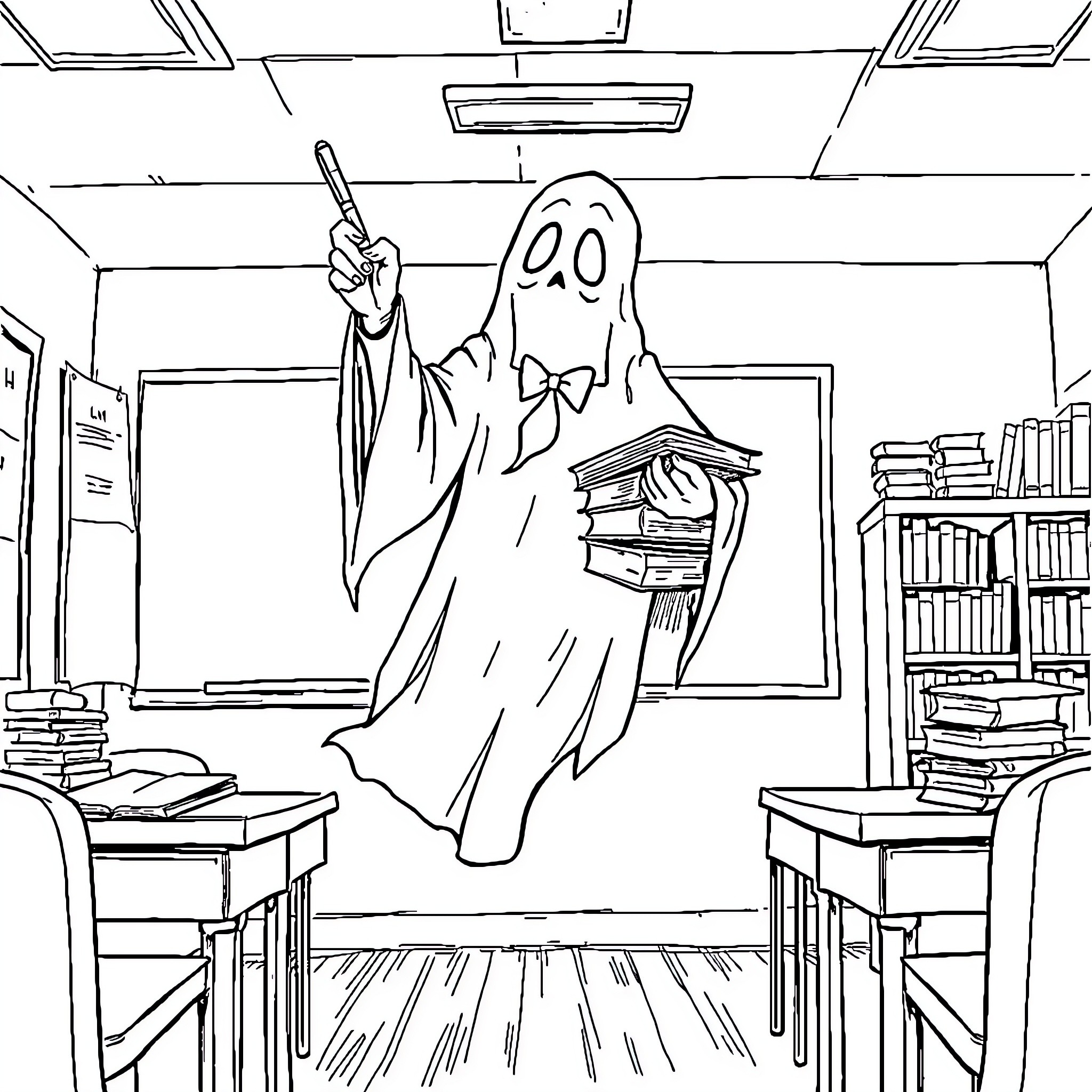 Ghost haunting a classroom with books Coloring Page (free black-and-white line drawing printable PDF for all, from beginners to advanced learners, including children, teens, adults, and seniors)