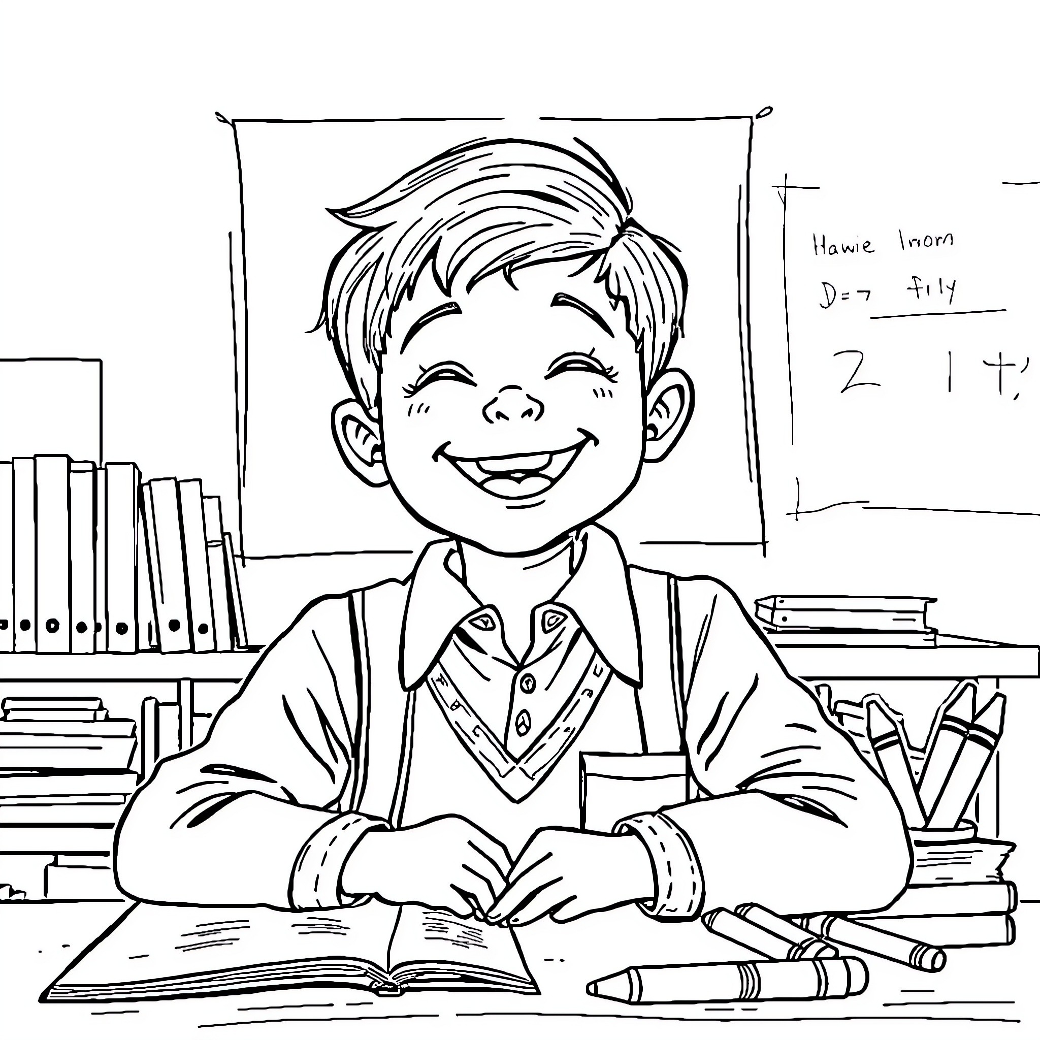 Child happily studying in classroom Coloring Page (free black-and-white line drawing printable PDF for all, from beginners to advanced learners, including children, teens, adults, and seniors)
