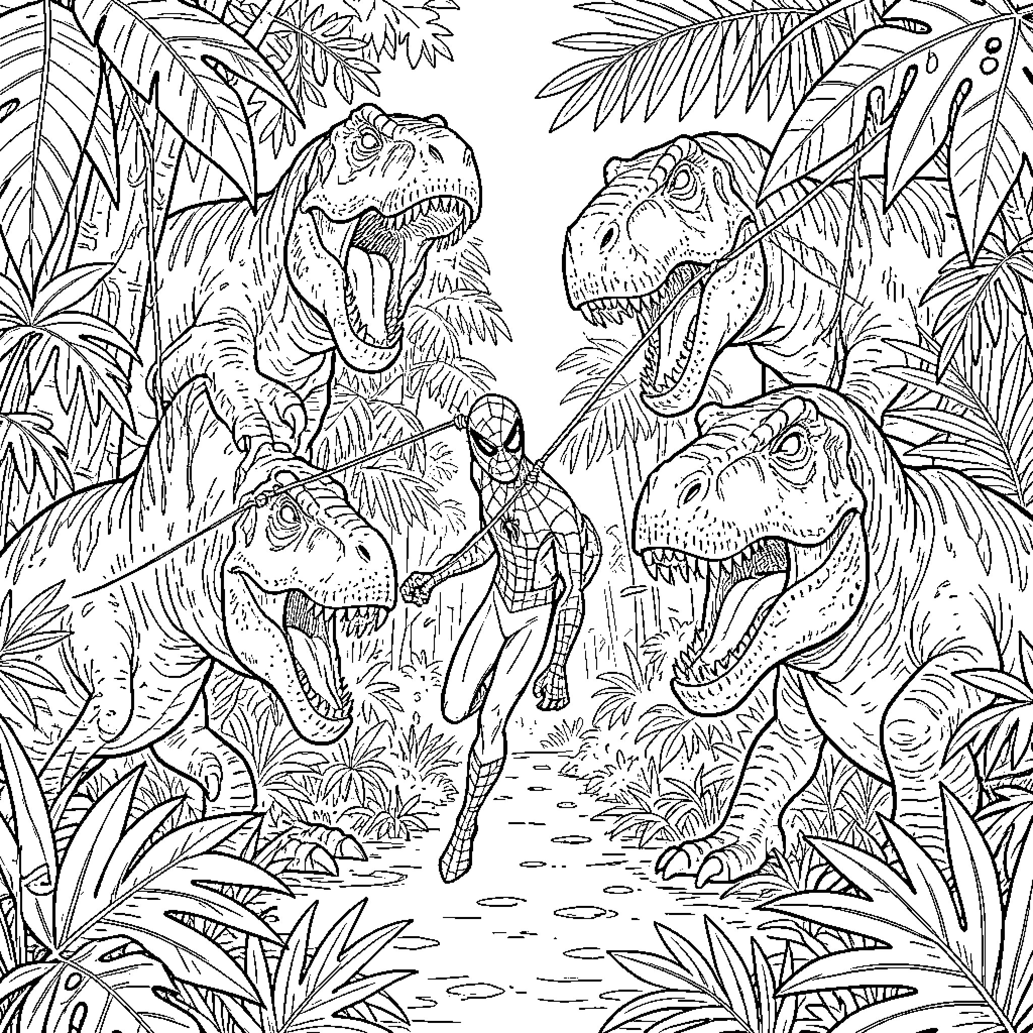 Spiderman encounters fearsome dinosaurs in the wild jungle Coloring Page (free black-and-white line drawing printable PDF for all, from beginners to advanced learners, including children, teens, adults, and seniors)