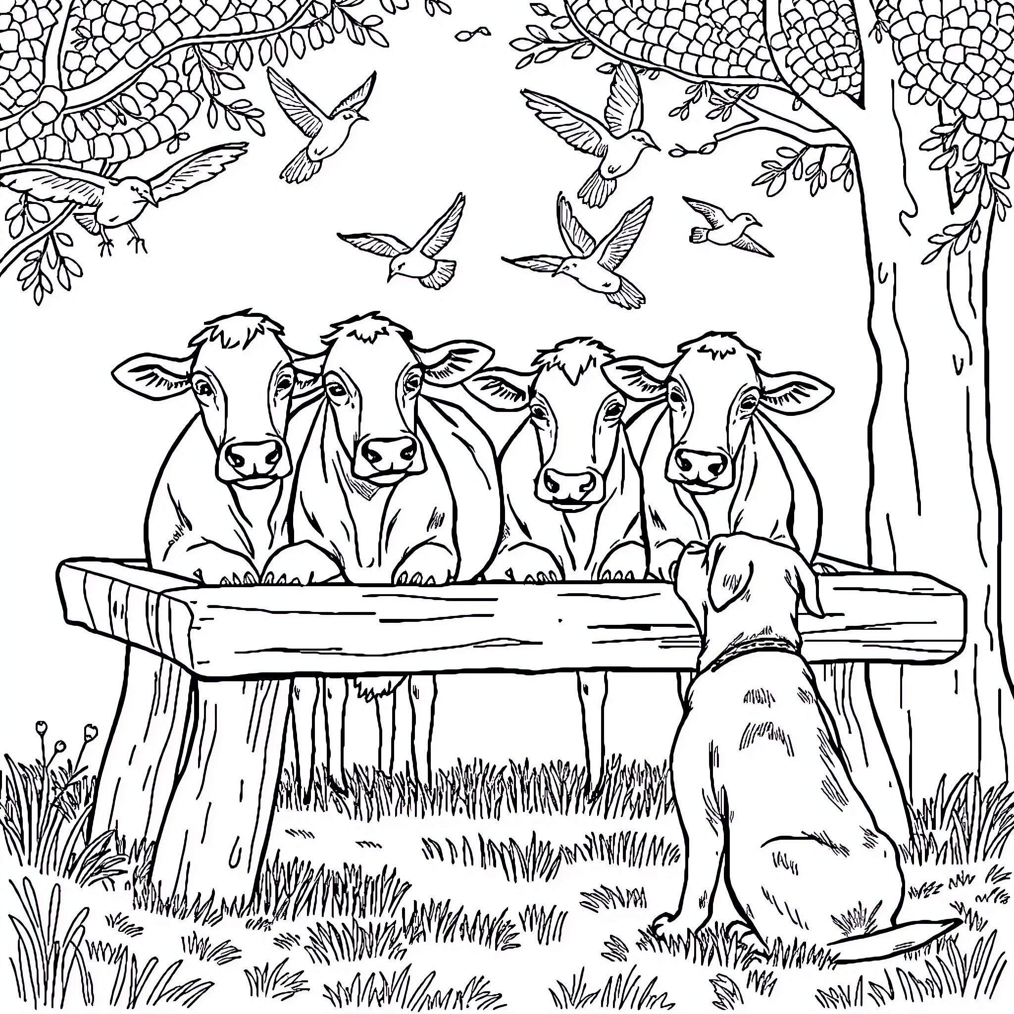 Vache cows in pastoral scene with wildlife Coloring Page (free black-and-white line drawing printable PDF for all, from beginners to advanced learners, including children, teens, adults, and seniors)