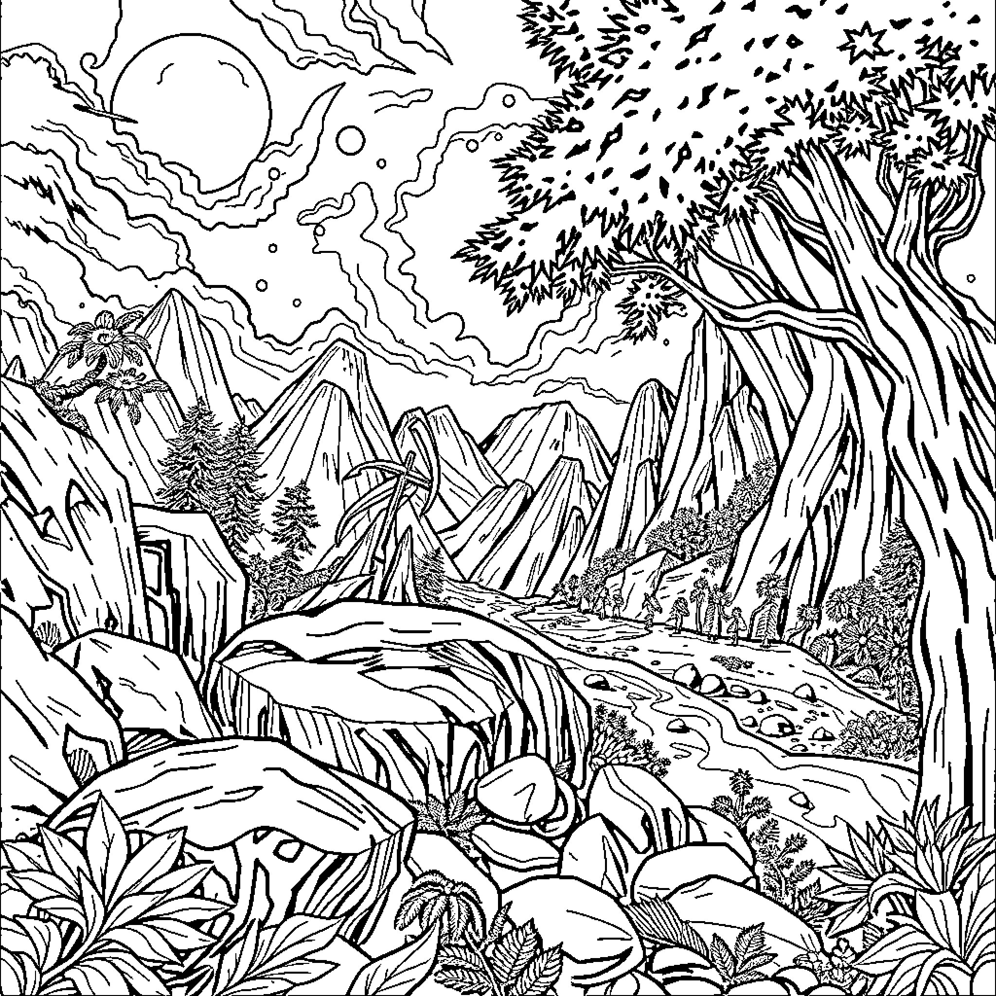 Story of a Fantastical Landscape with Mountains and Trees Coloring Page (free black-and-white line drawing printable PDF for all, from beginners to advanced learners, including children, teens, adults, and seniors)