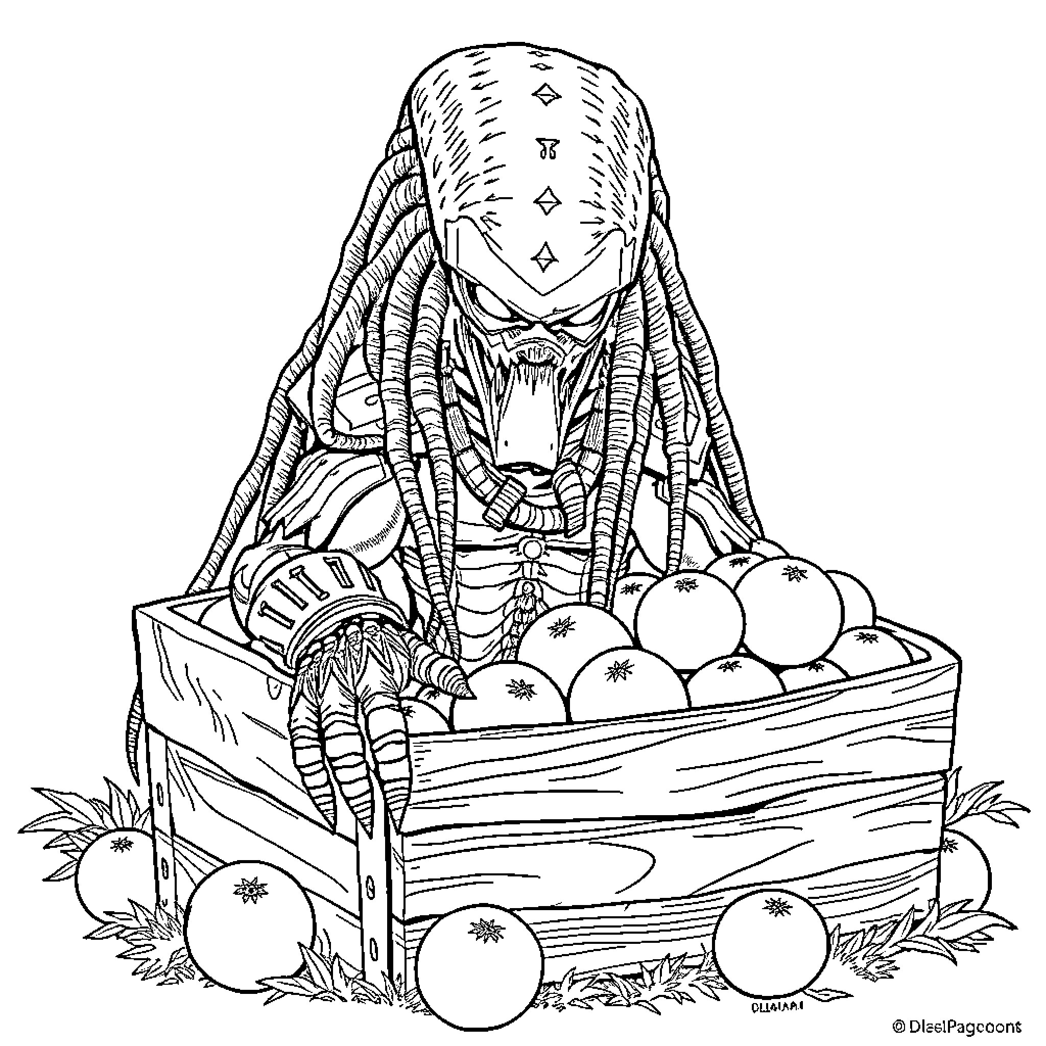 Predator with bounty in a wooden crate Coloring Page (free black-and-white line drawing printable PDF for all, from beginners to advanced learners, including children, teens, adults, and seniors)